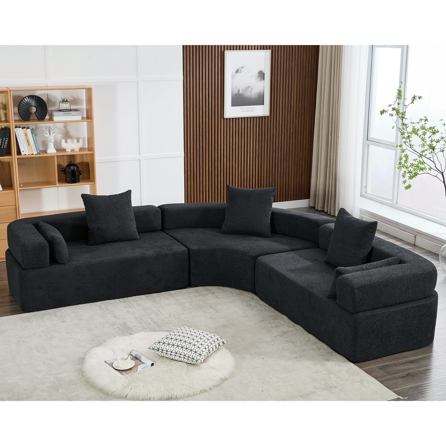 Oversized Curved 4-Seater Modular Sofa, 3-Piece Boucle, Black