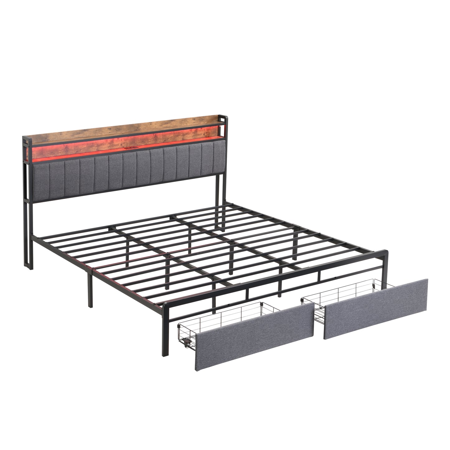 King bed frame with storage headboard, drawers, and LED lights, gray