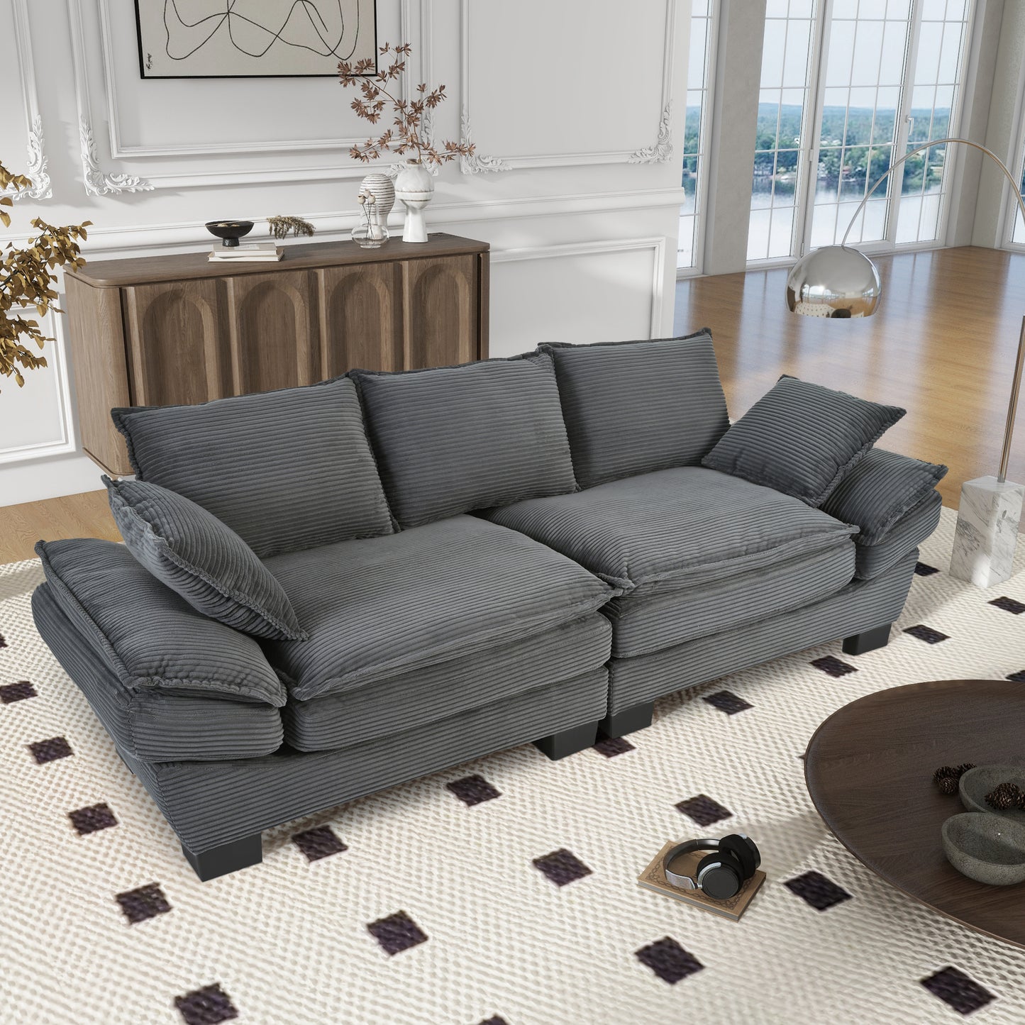 85.4" U-Style Curved Sofa with Throw Pillows, Corduroy Fabric