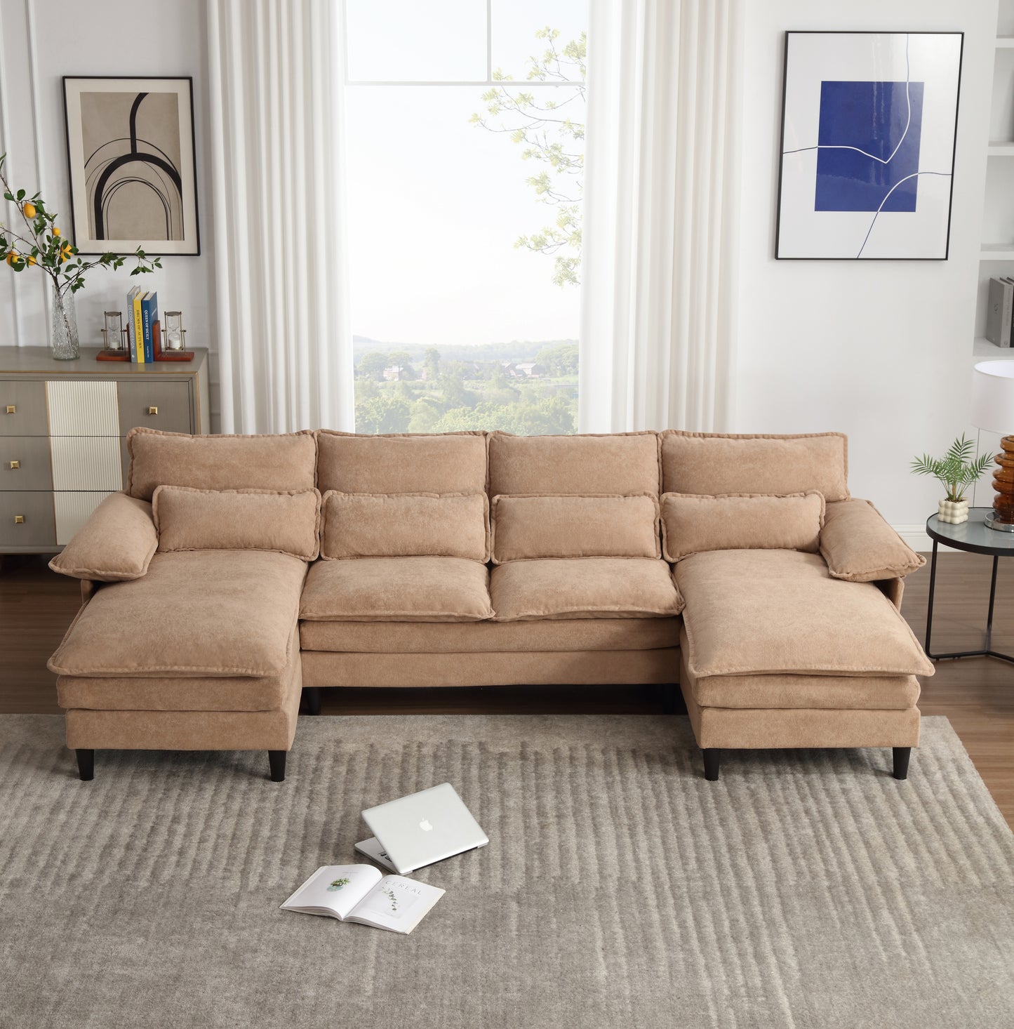 U-Shaped Modular Sectional Sofa with Chaise, 4 Seater, Terrycloth, Brown