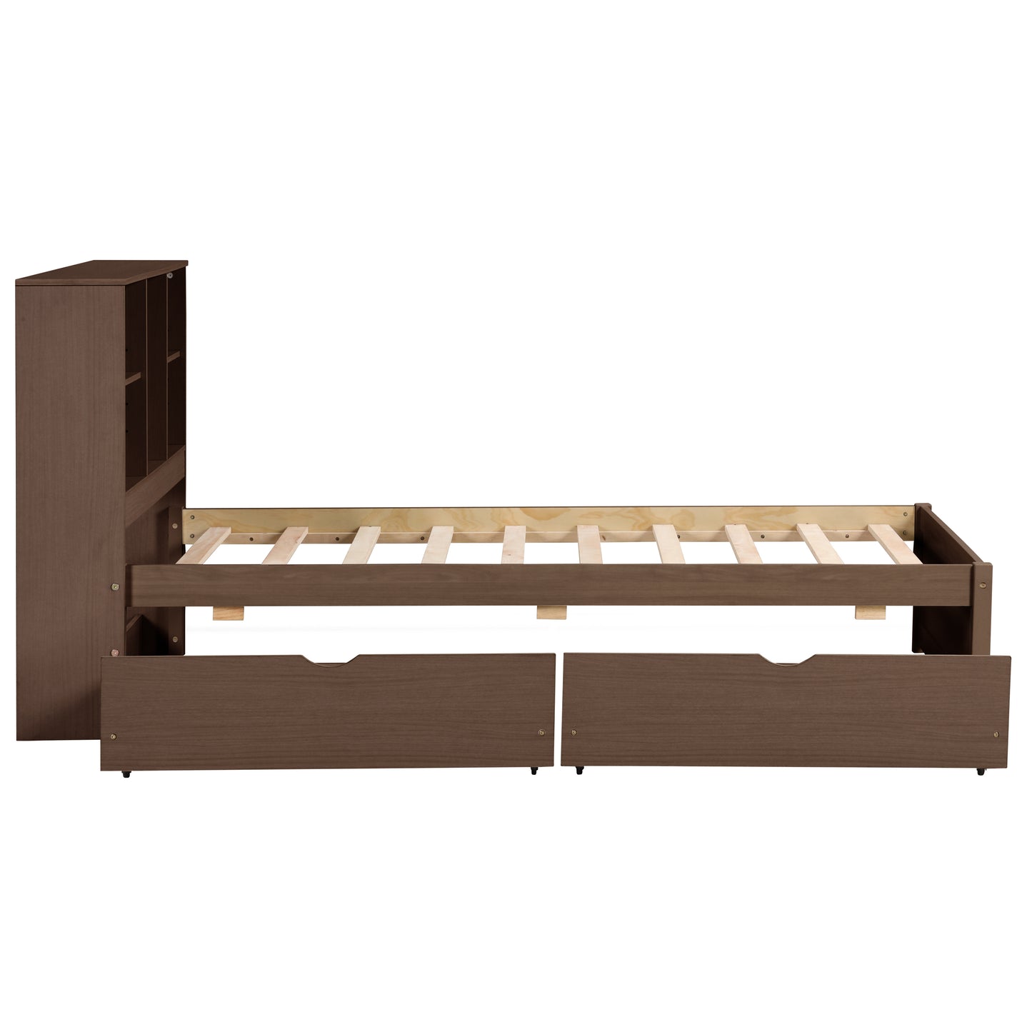 Modern twin bed frame with USB port, bookcase headboard, and drawers, walnut