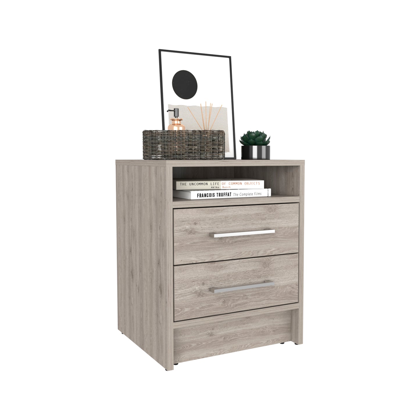 Nightstand 20"H, Two Drawers, Superior Top, Metal Handles, Light Gray