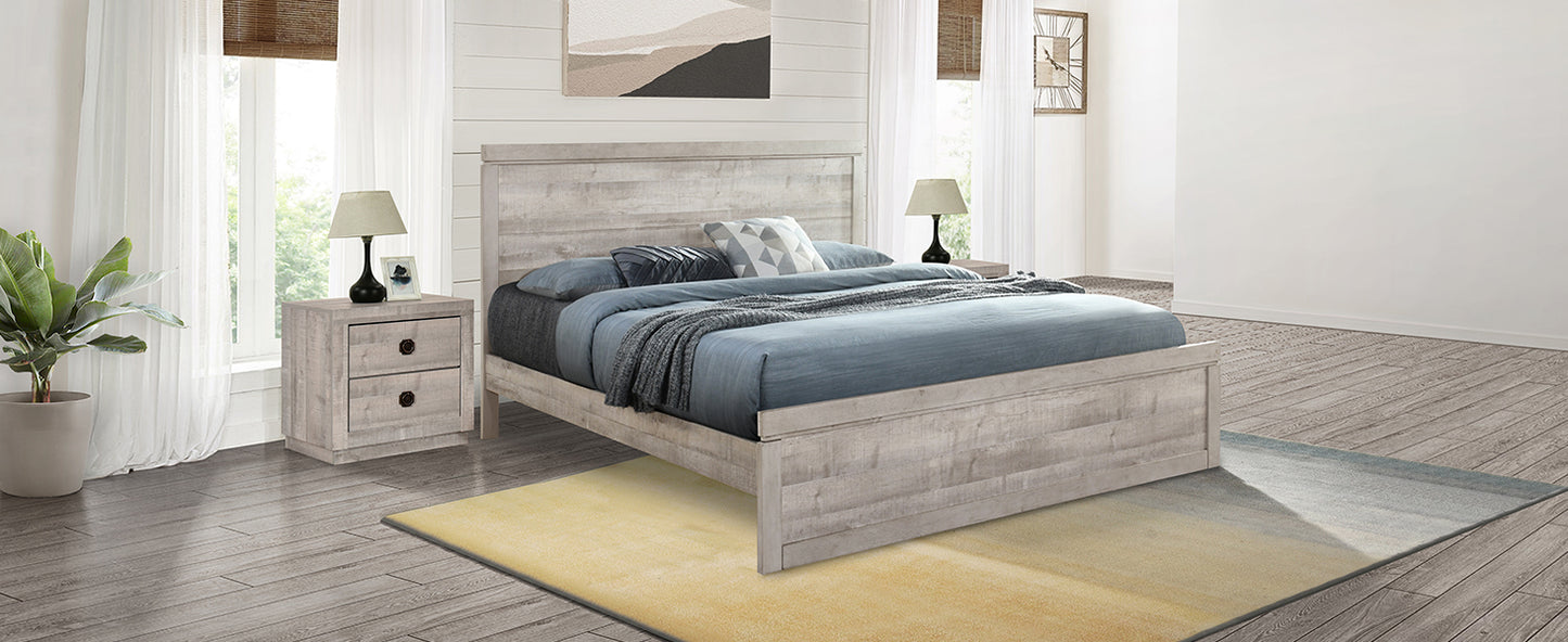 Vintage farmhouse king platform bed with wooden slats, rustic white