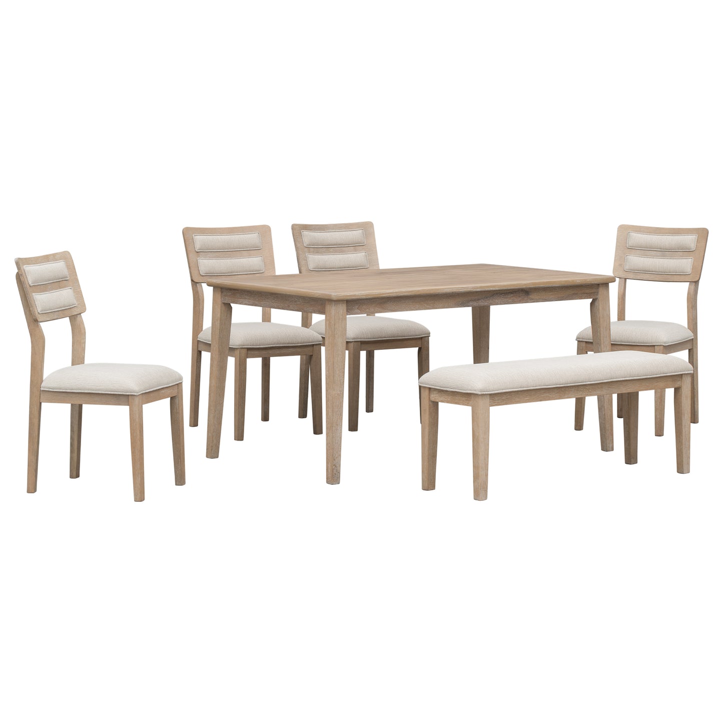 6-piece traditional dining set with upholstered chairs and bench, natural wood wash