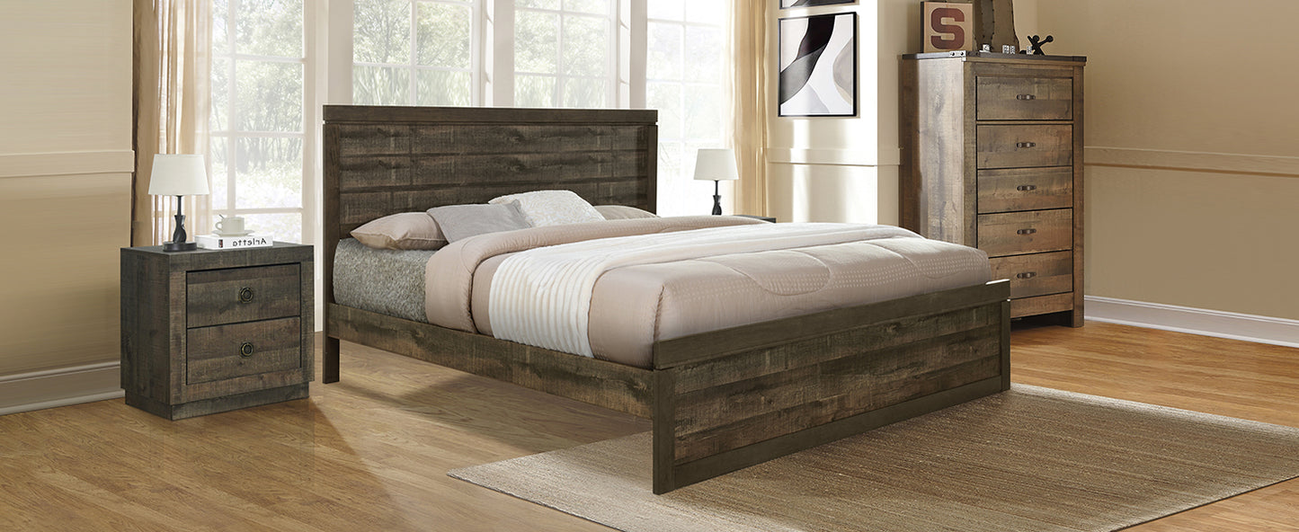 Vintage farmhouse king platform bed with wooden slats, rustic brown