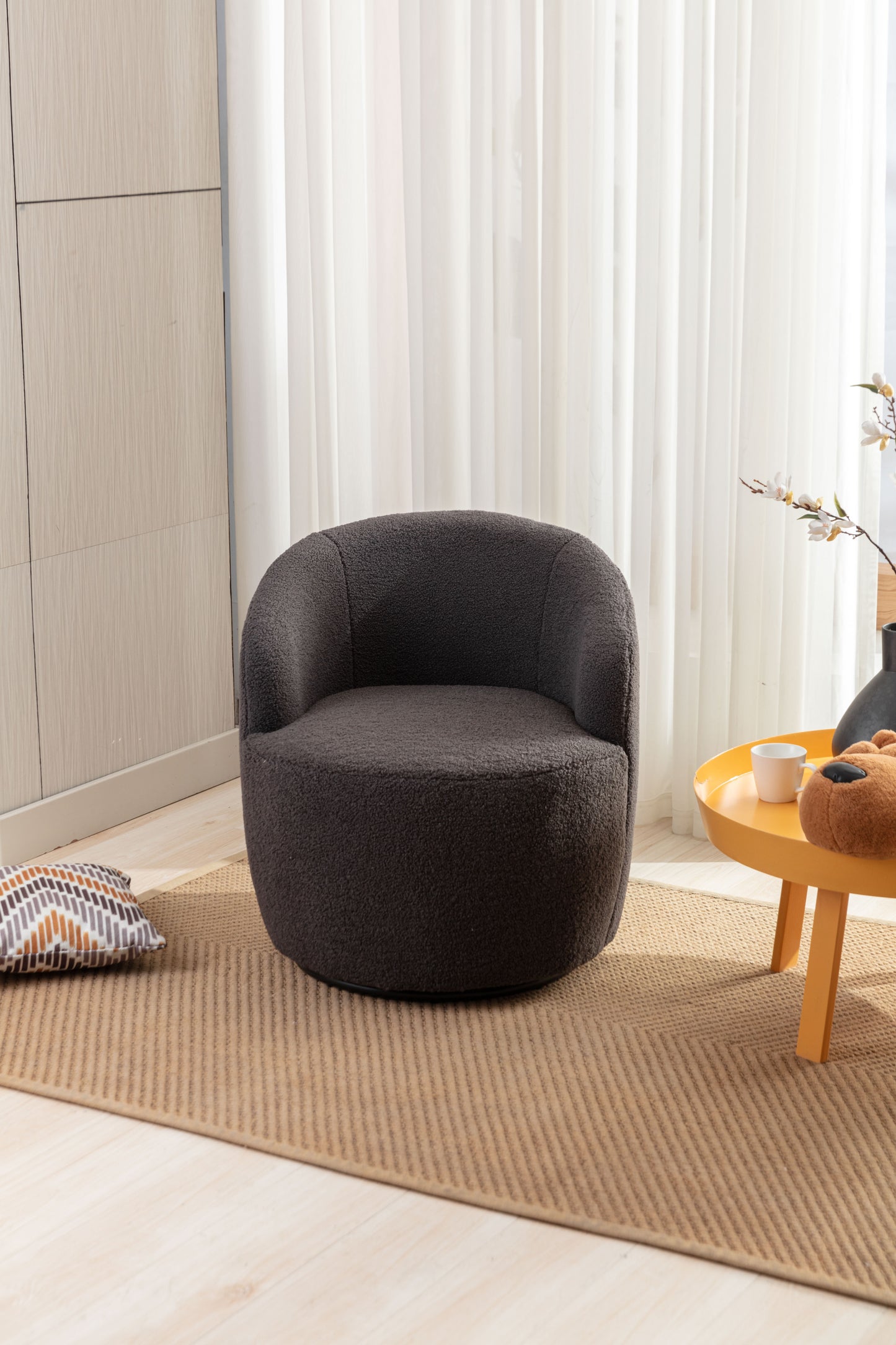 Accent Swivel Armchair with a black metal ring - Dark Grey