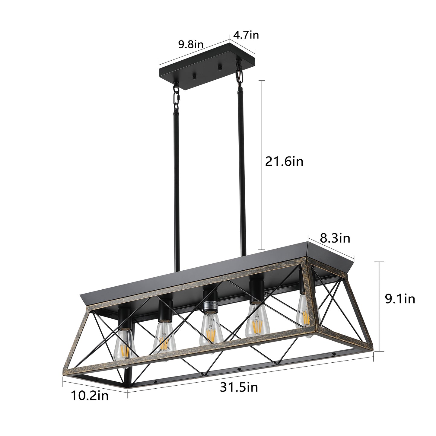 5-Light Black and Gold Farmhouse Chandelier, Rectangular Pendant Fixture