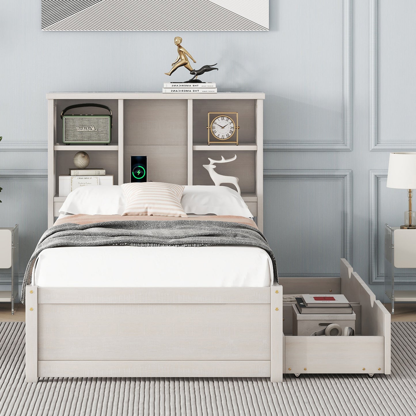 Modern twin bed frame with USB port, bookcase headboard, and drawers, white washed