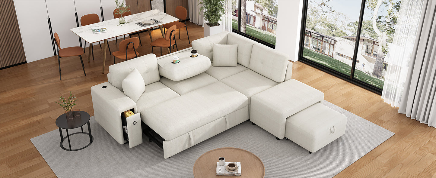 86.6 L-Shaped Sofa Bed with Ottoman, USB Ports & Cup Holders, Beige