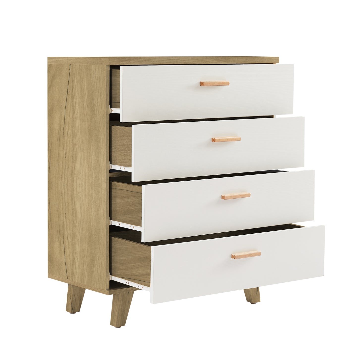 Drawer dresser and sideboard storage cabinet with solid wood handles and legs, brown and white