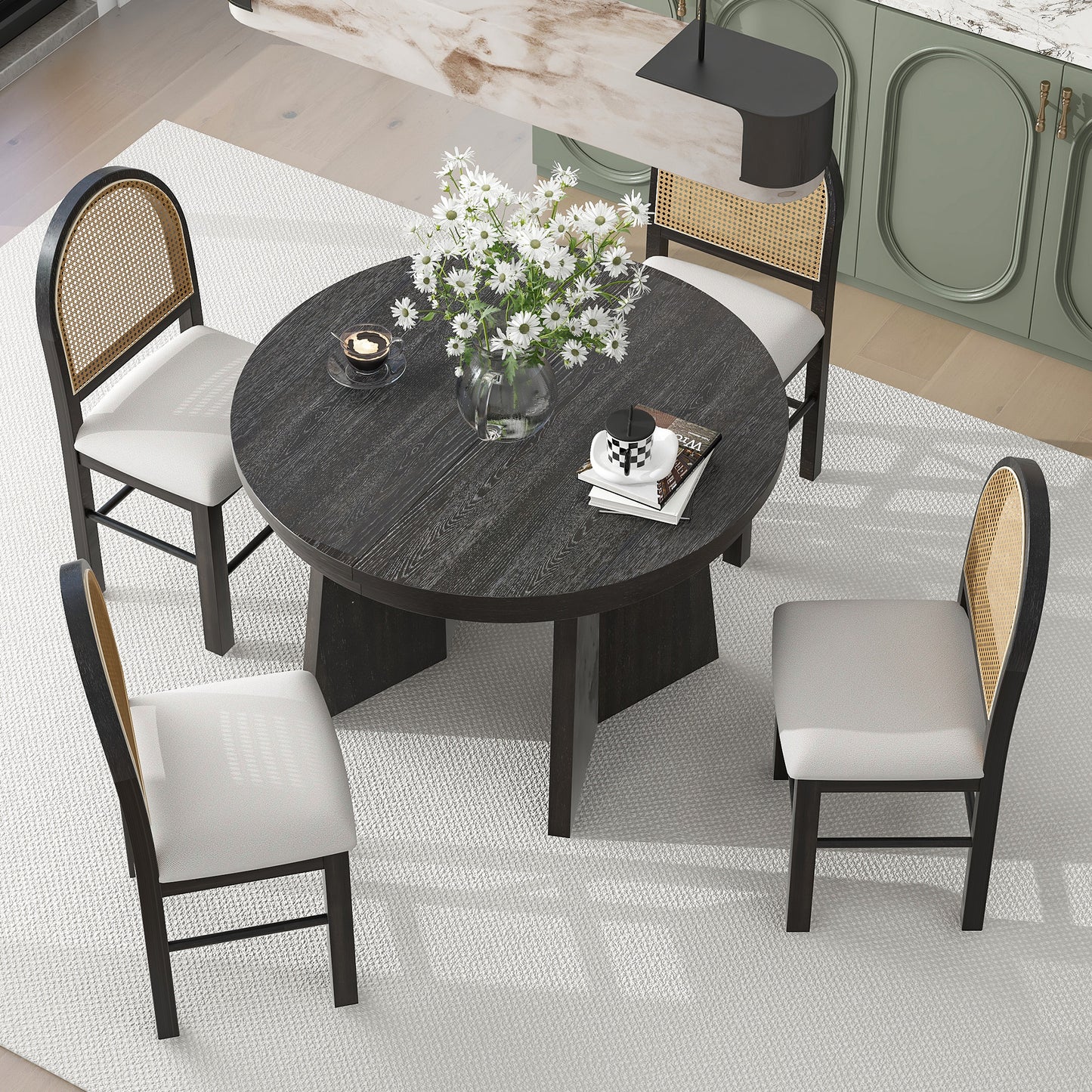 5-piece retro dining set with extendable table and rattan-back chairs, espresso