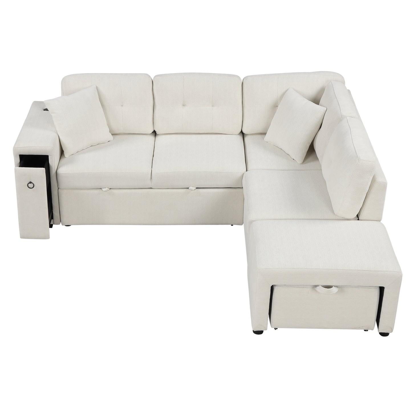 86.6 L-Shaped Sofa Bed with Ottoman, USB Ports & Cup Holders, Beige