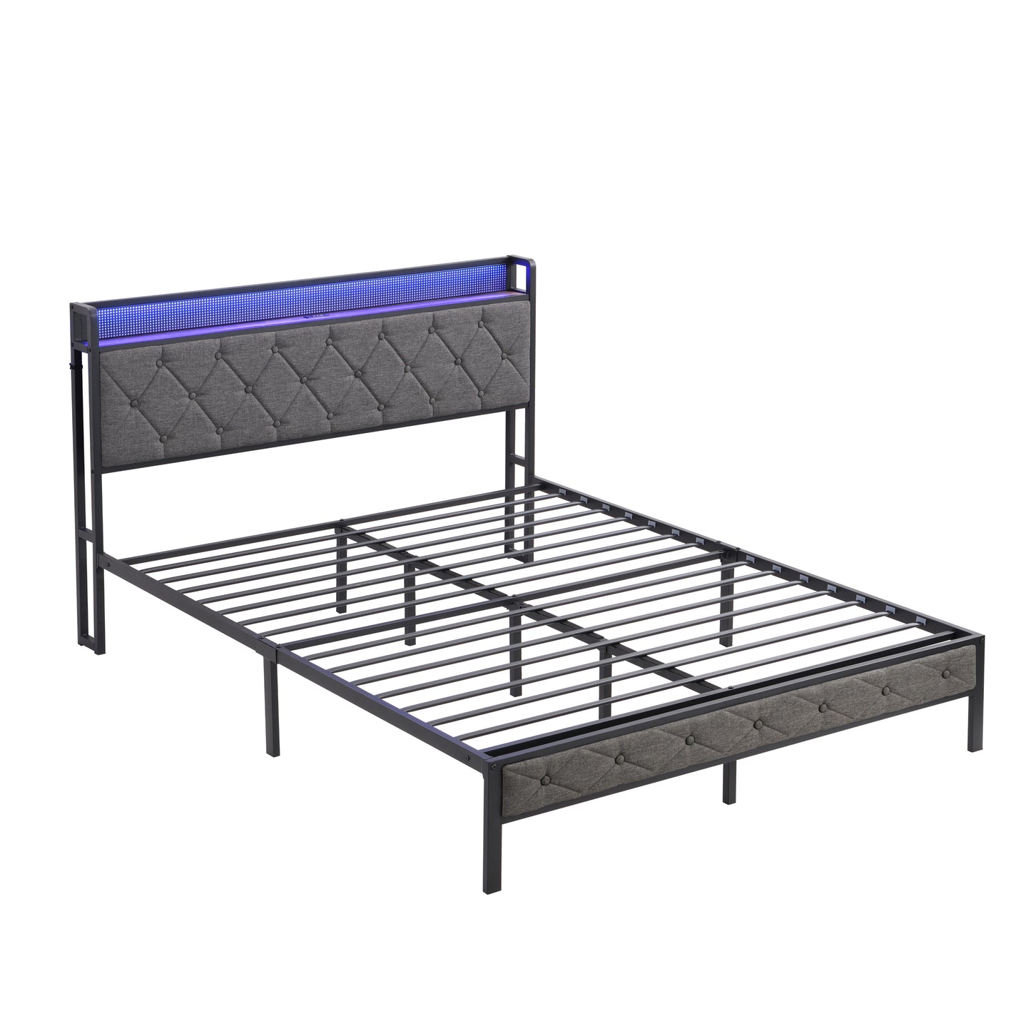 Queen bed frame with storage headboard and LED lights, dark gray