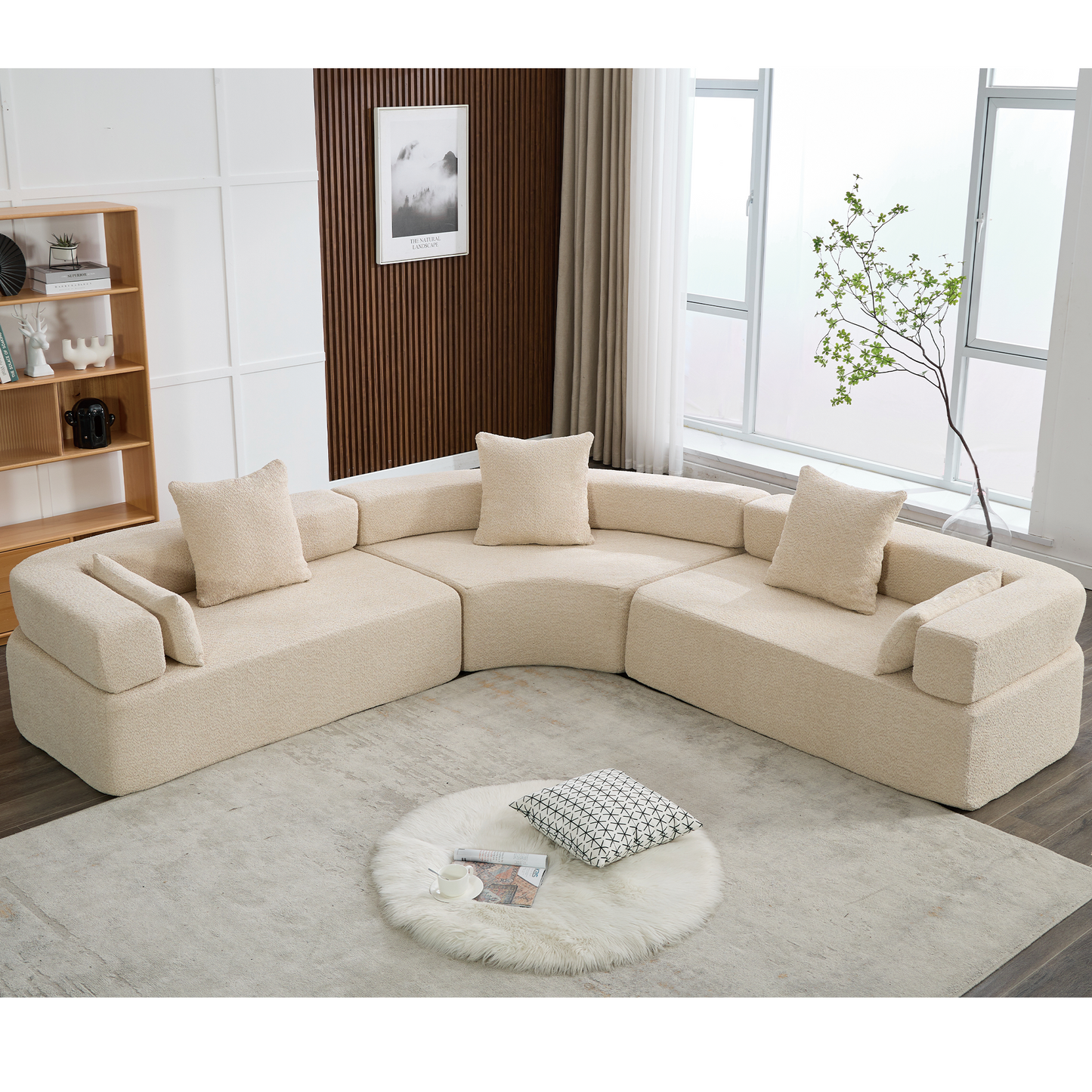 Oversized Curved 4-Seater Modular Sofa, 3-Piece Boucle, Khaki