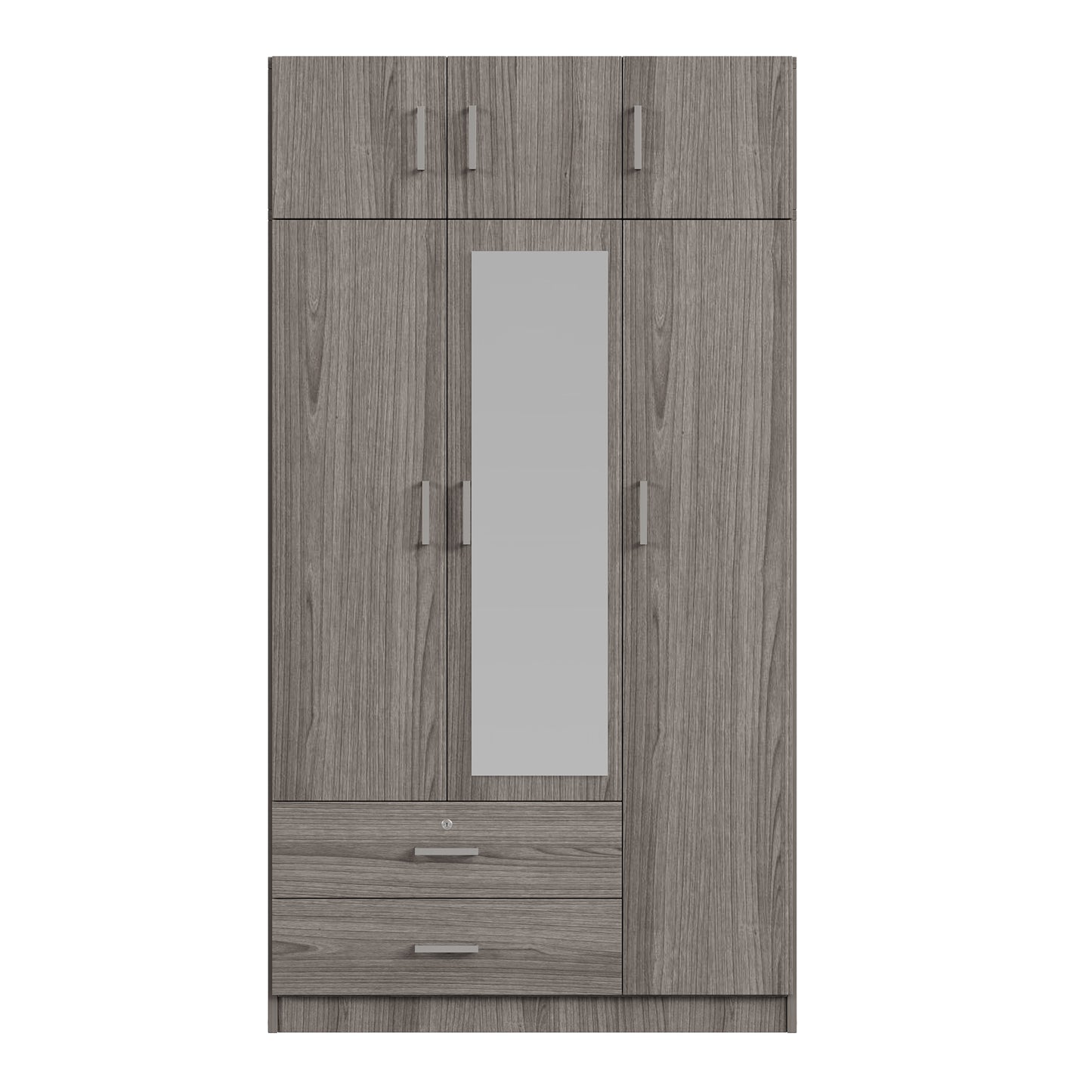 3-door mirror dresser wardrobe with 2 drawers and top cabinet, gray