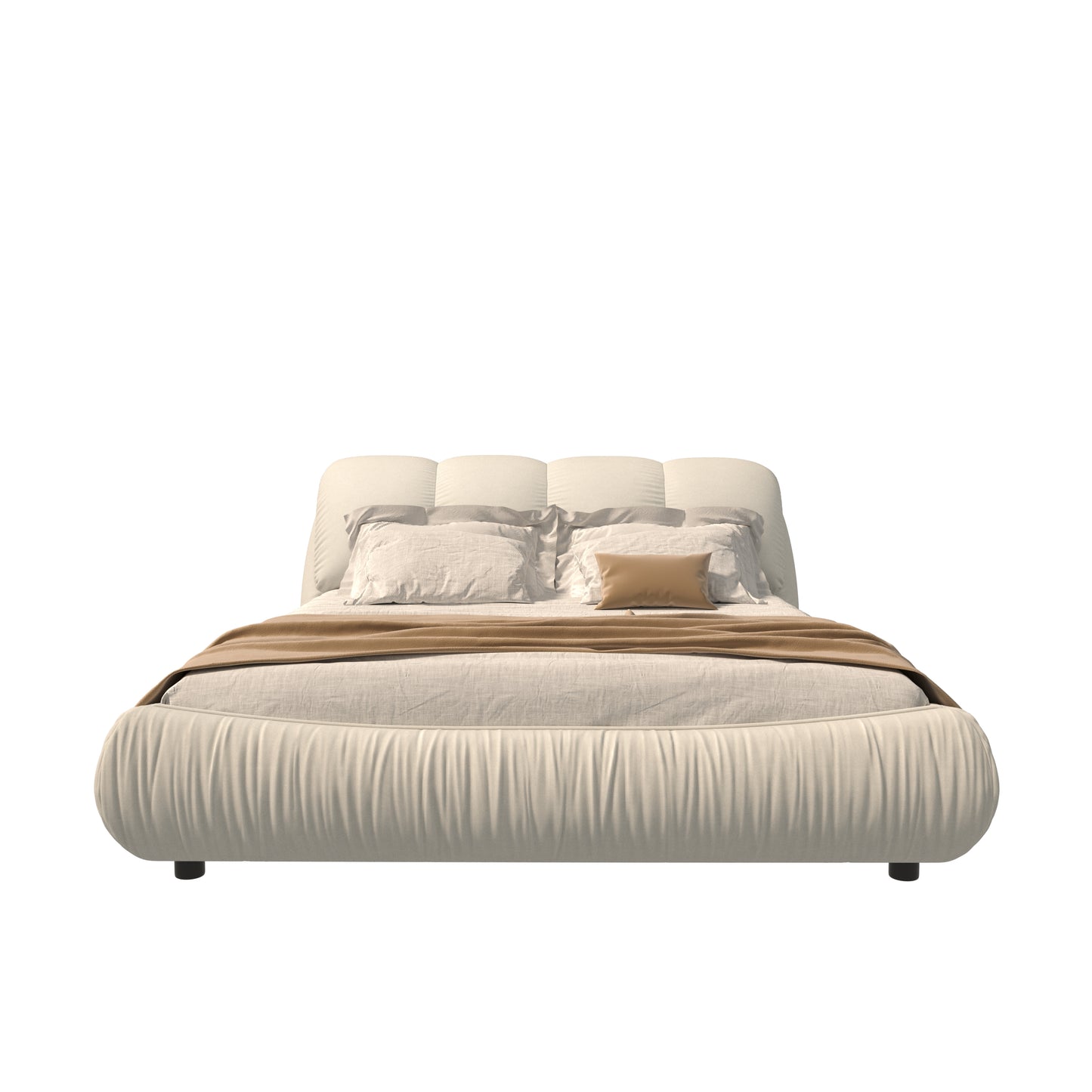 King luxury upholstered platform bed with padded backrest and solid wood frame, beige