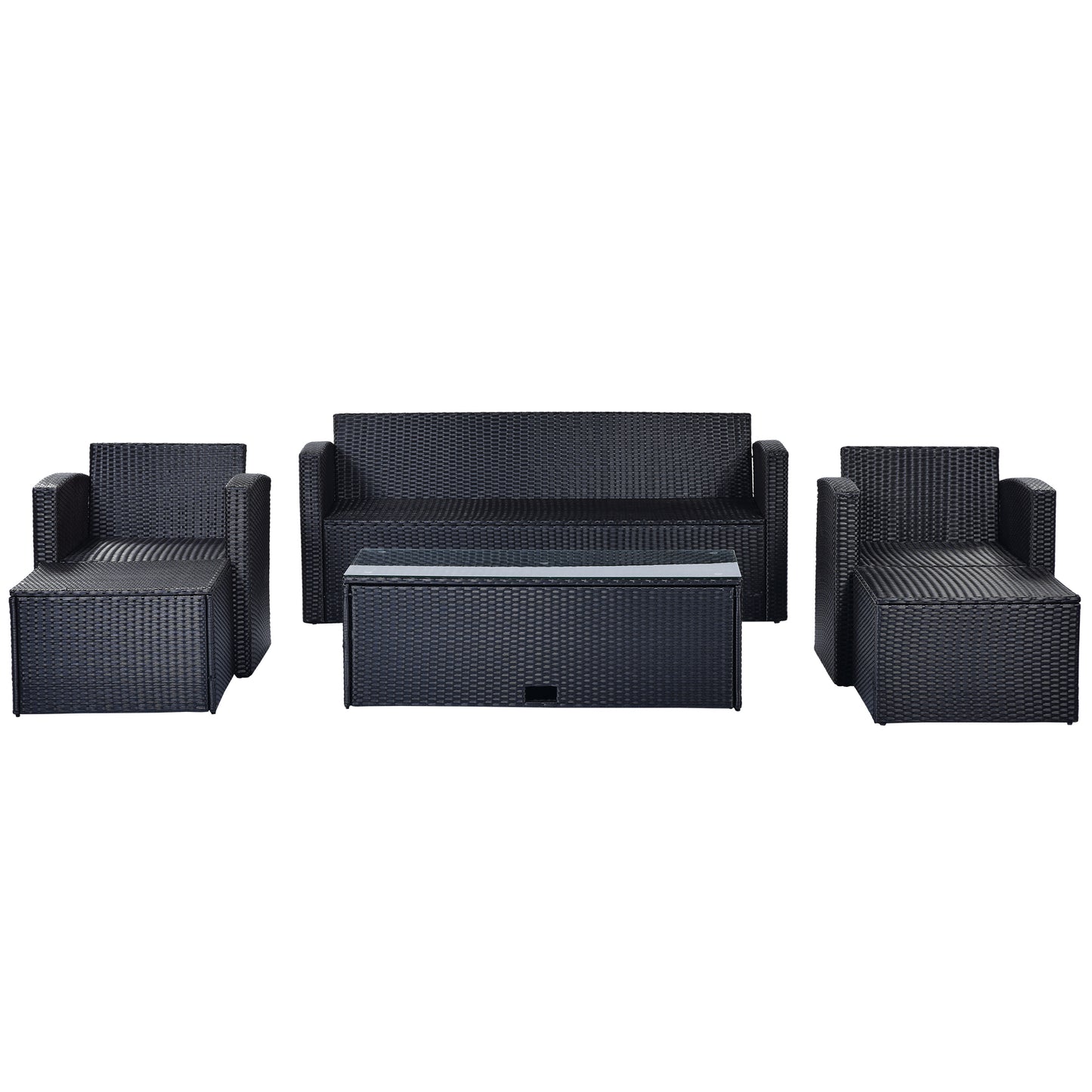 6-piece wicker patio sectional set with coffee table, black wicker, beige cushions