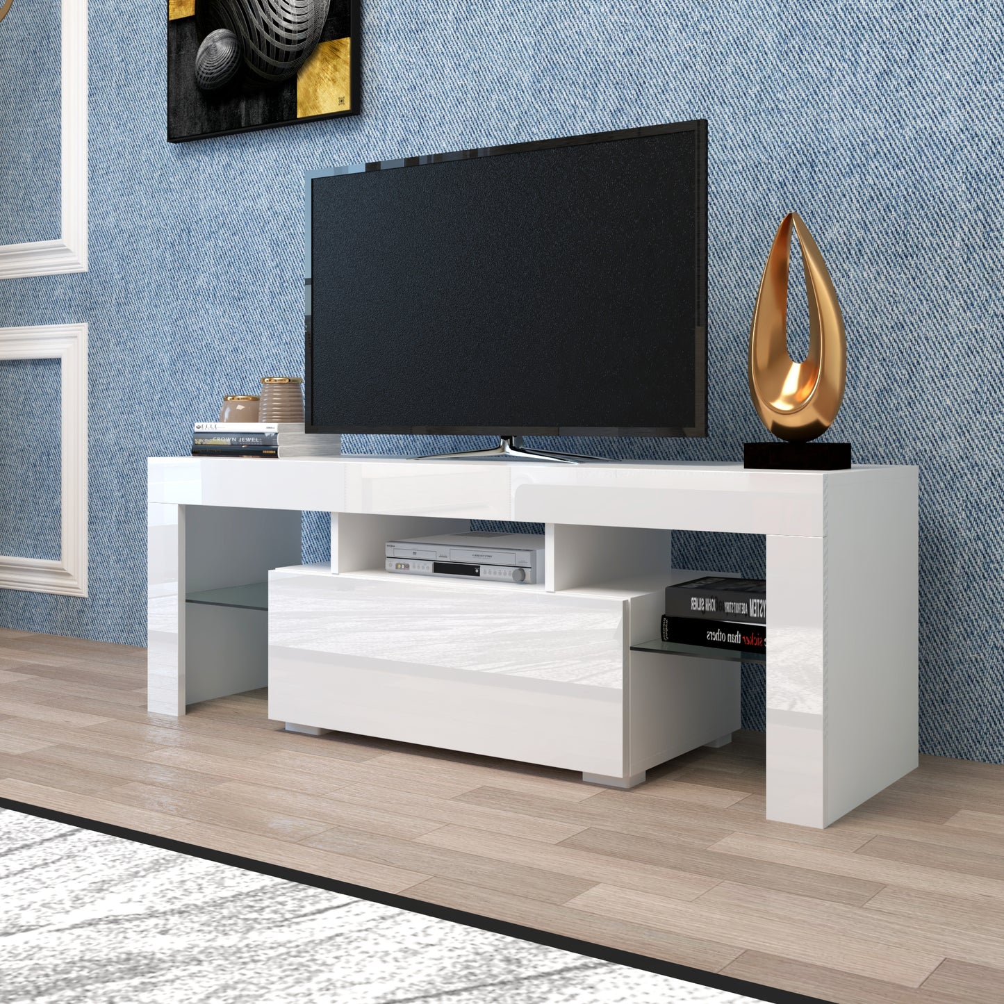 White TV stand with RGB lights