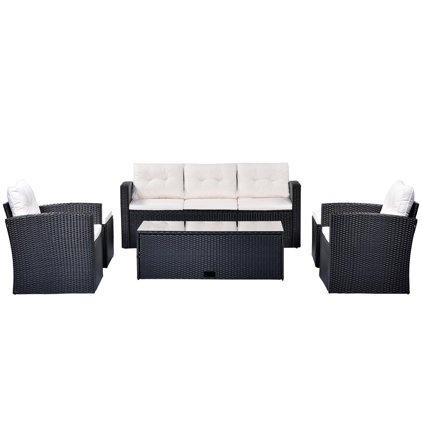 6-piece wicker patio sectional set with coffee table, black wicker, beige cushions