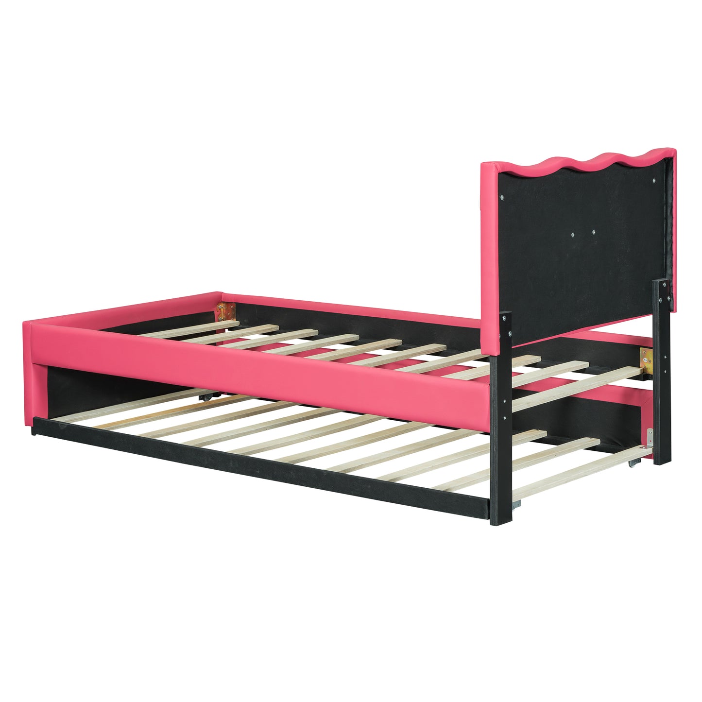 Twin Size Upholstered Platform Bed with Trundle and Heart Shaped Decoration, Dark Pink