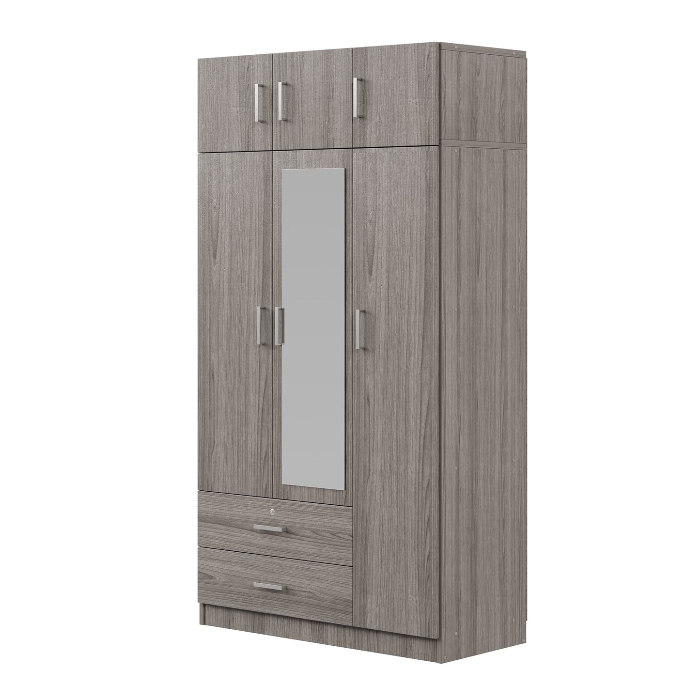 3-door mirror dresser wardrobe with 2 drawers and top cabinet, gray