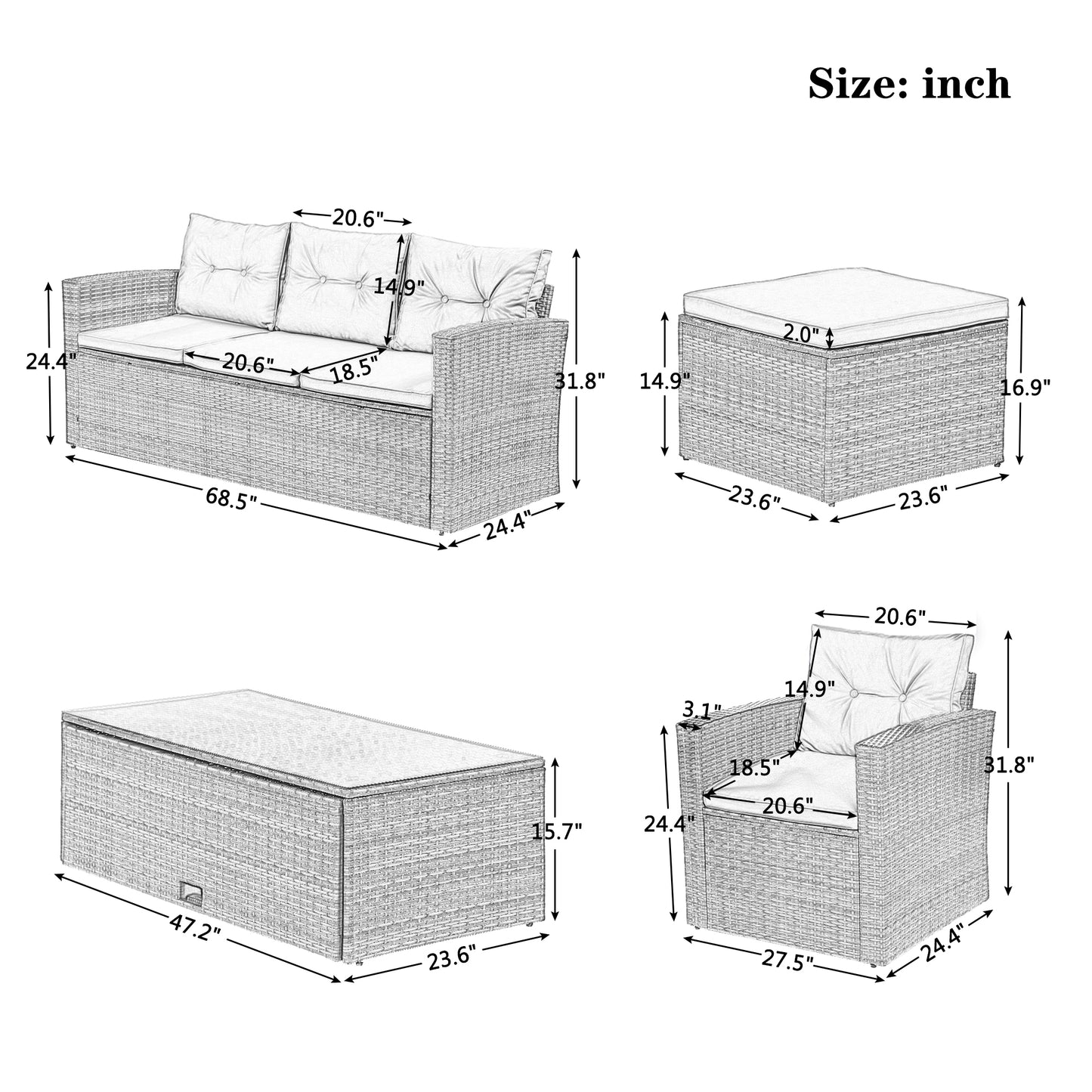 6-piece wicker patio sectional set with coffee table, dark grey wicker, light grey cushions