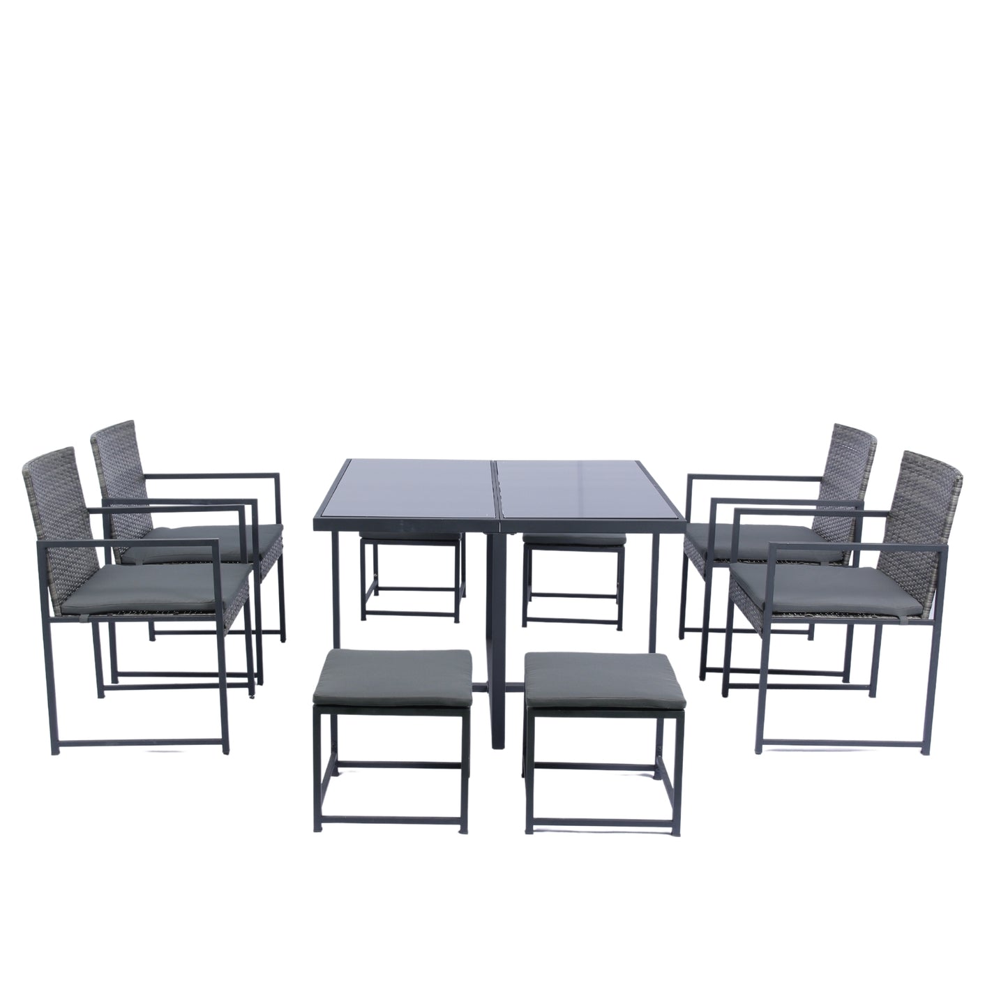 9-piece patio dining set with glass table, grey wicker, dark grey cushions