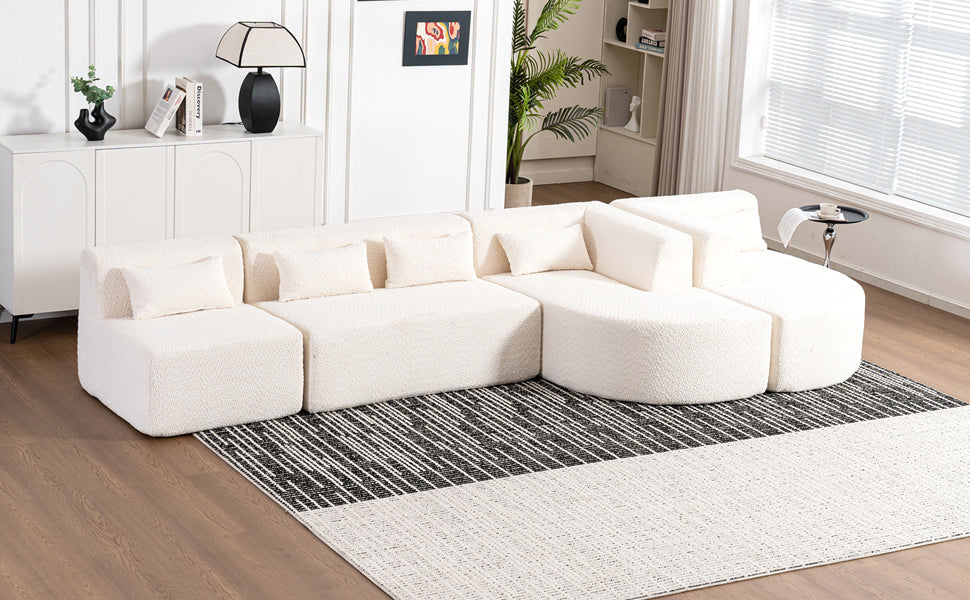 143.7 Upholstered Sofa with Chaise and Back Pillows, Beige