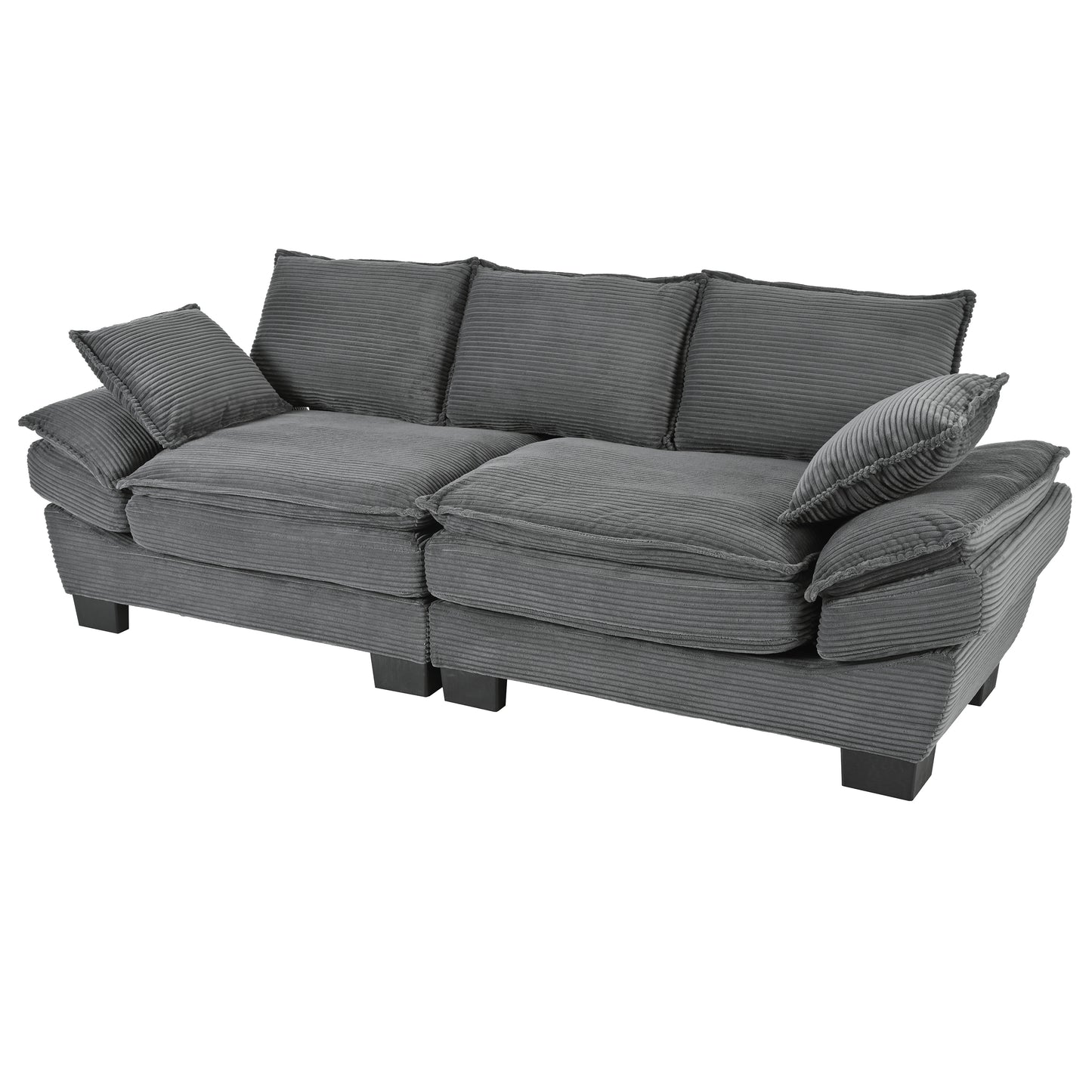 85.4" U-Style Curved Sofa with Throw Pillows, Corduroy Fabric