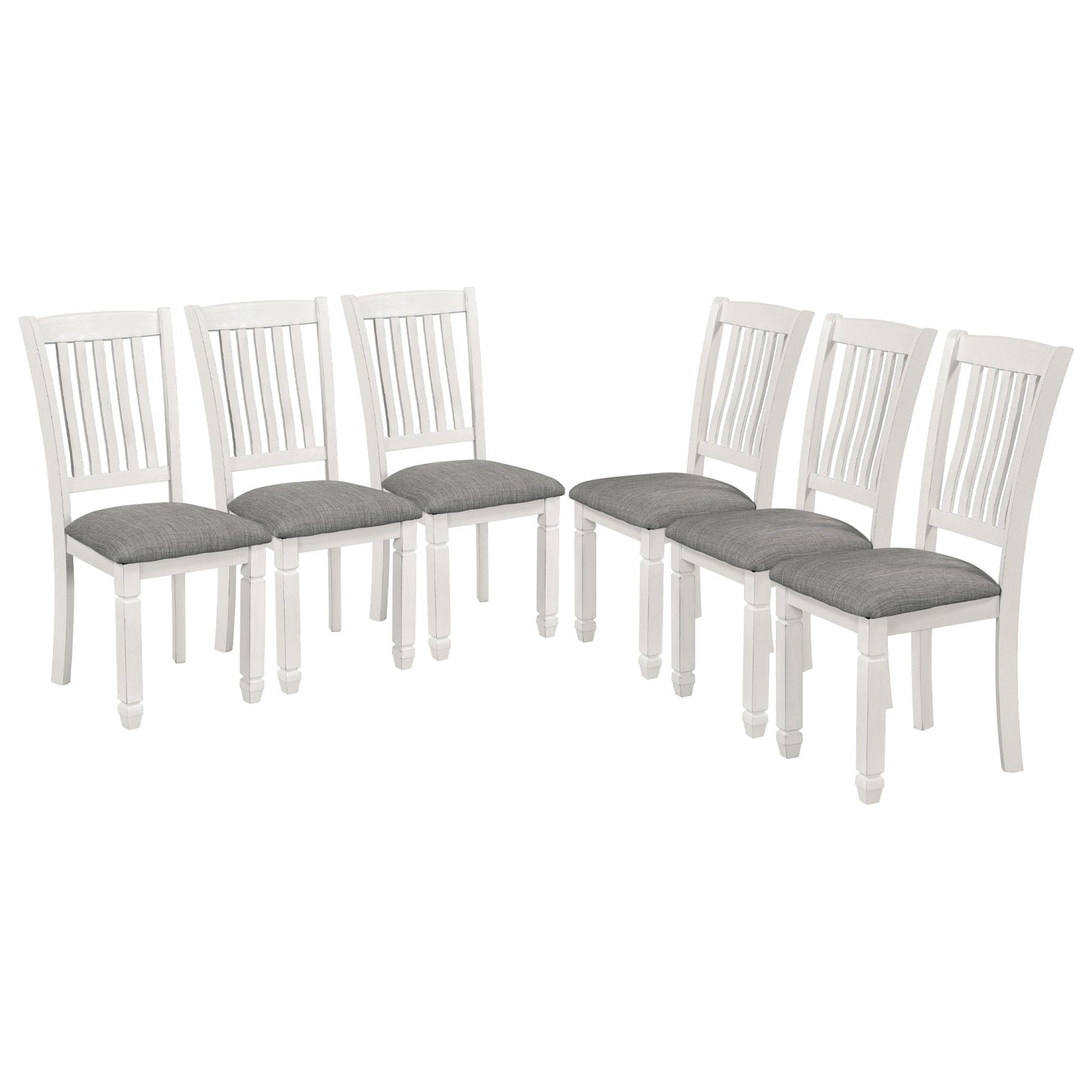 7-piece dining set with upholstered chairs and shaped legs, gray table, white chairs