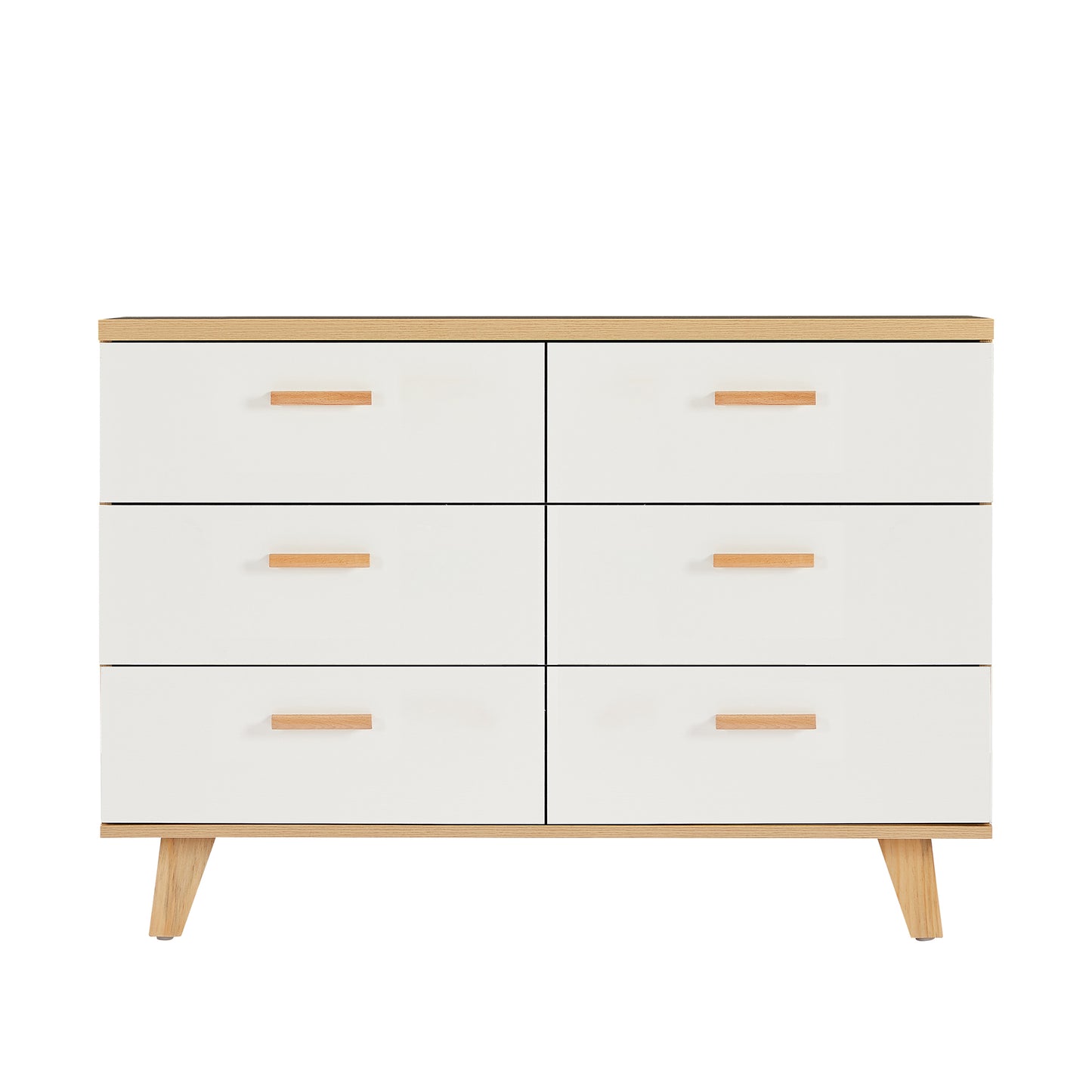 Drawer dresser and sideboard storage cabinet with solid wood handles and legs, brown and white