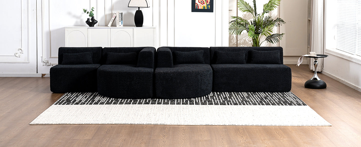 143.7 Upholstered Sofa with Chaise and Back Pillows, Black