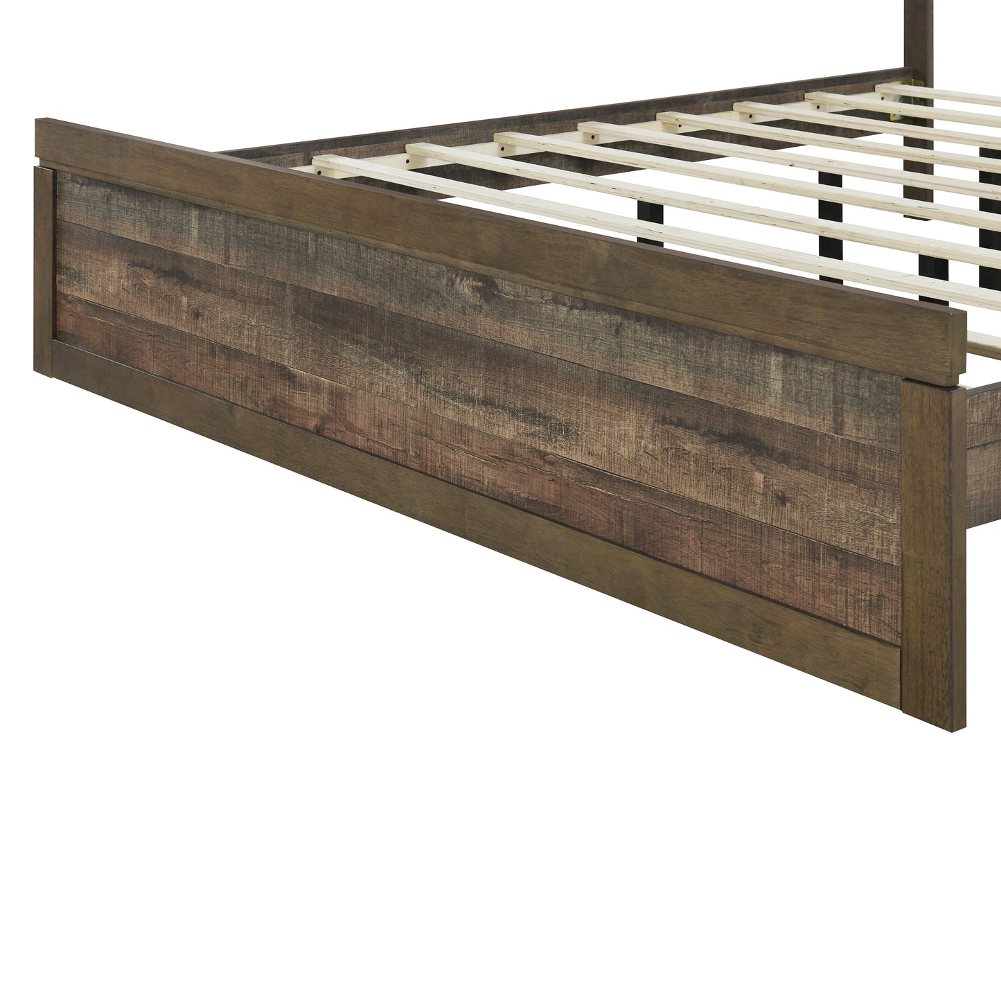 Vintage farmhouse king platform bed with wooden slats, rustic brown