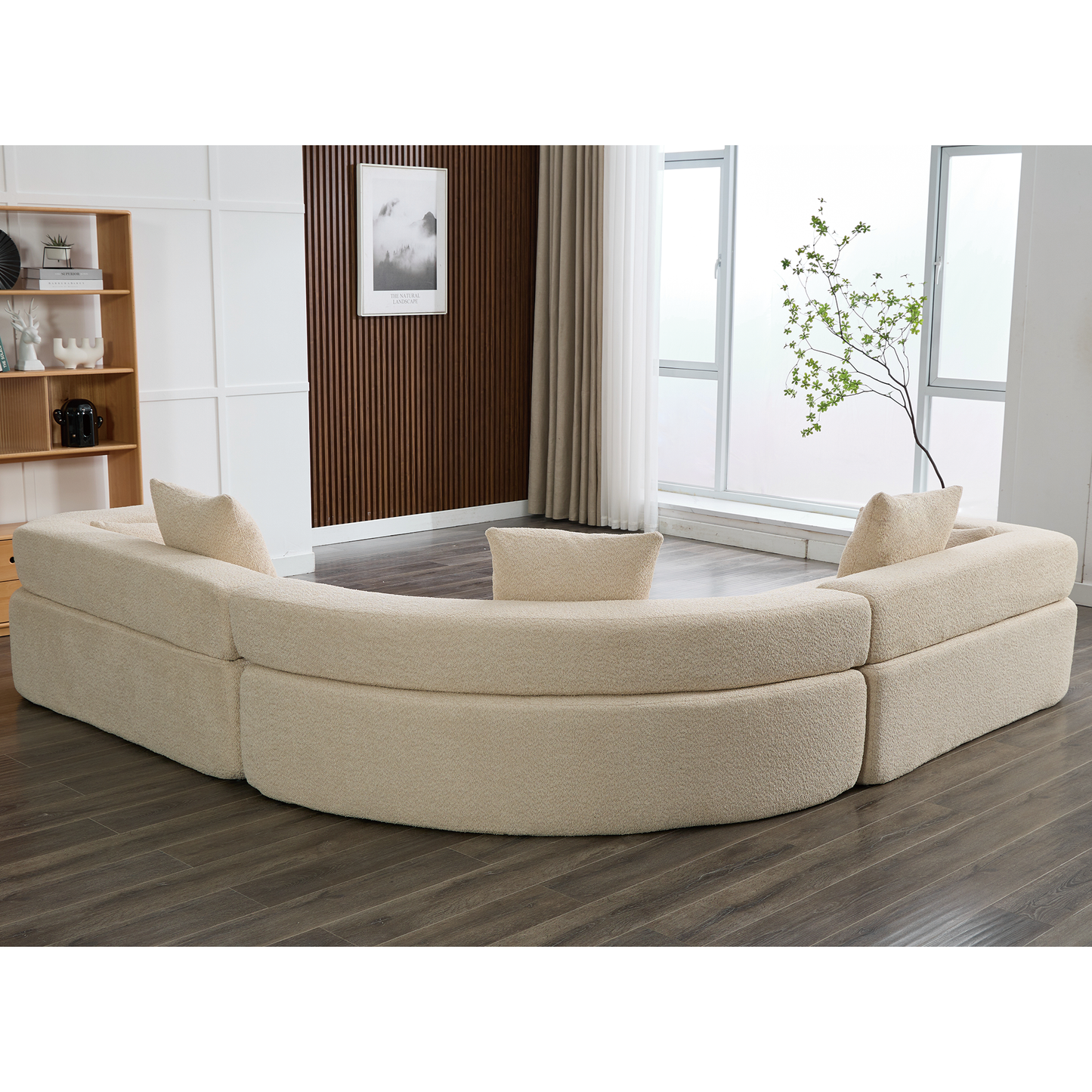 Oversized Curved 4-Seater Modular Sofa, 3-Piece Boucle, Khaki