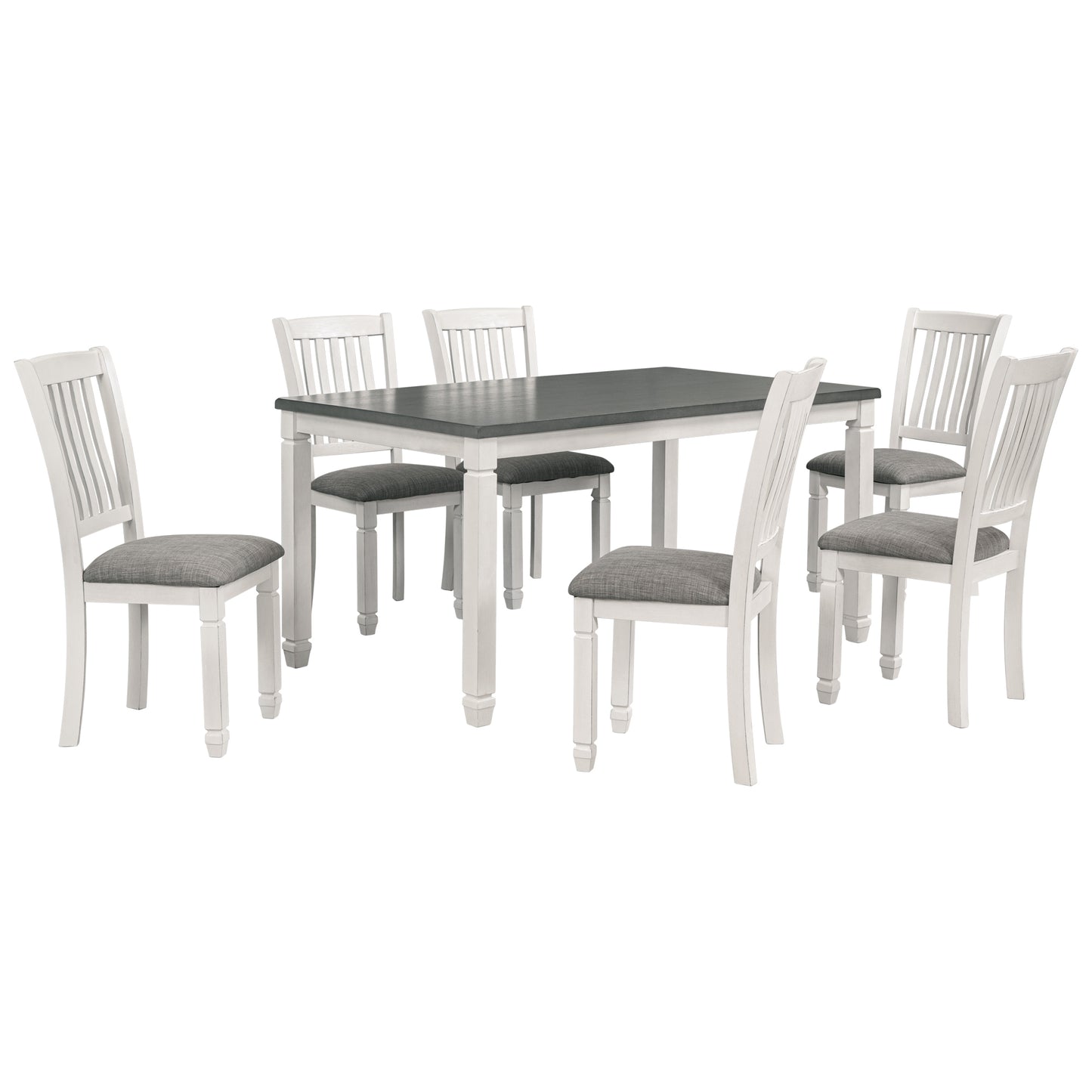 7-piece dining set with upholstered chairs and shaped legs, gray table, white chairs