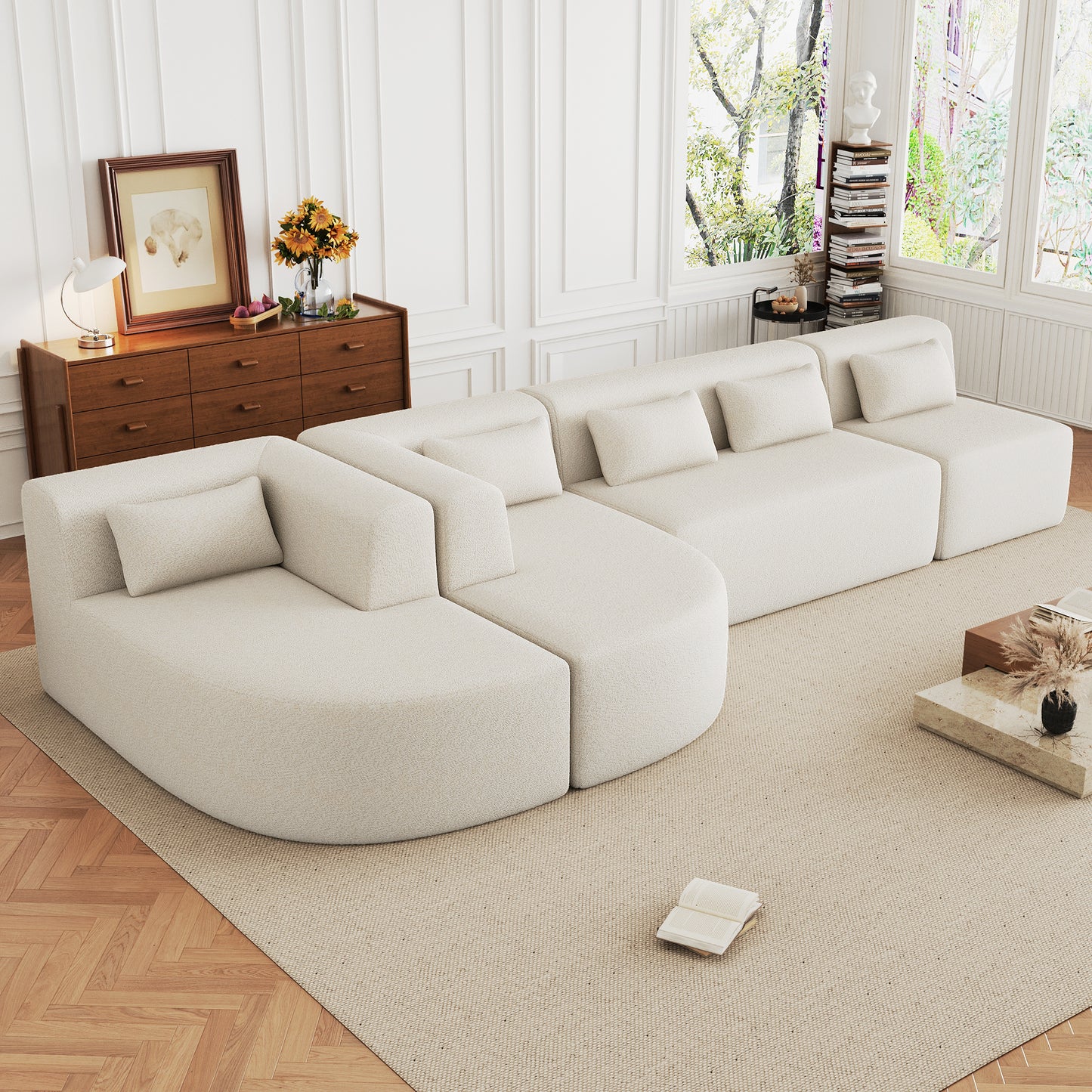 143.7 Upholstered Sofa with Chaise and Back Pillows, Beige