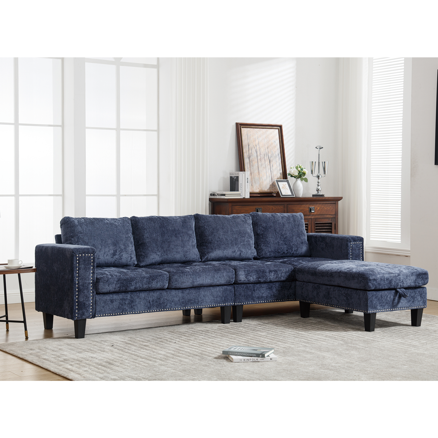 5-Seat Modular Sofa with Storage Ottoman, Reversible Chaise, Chenille, Blue