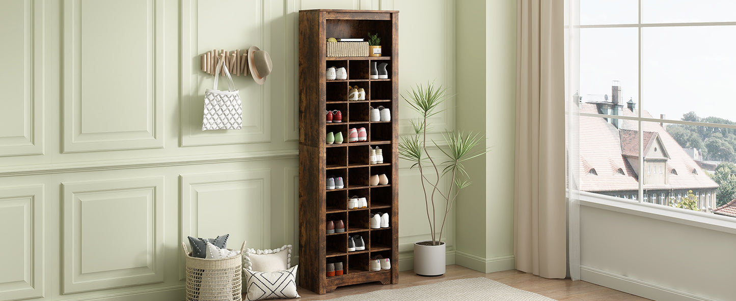 Stylish 30-cubby shoe cabinet, rustic brown