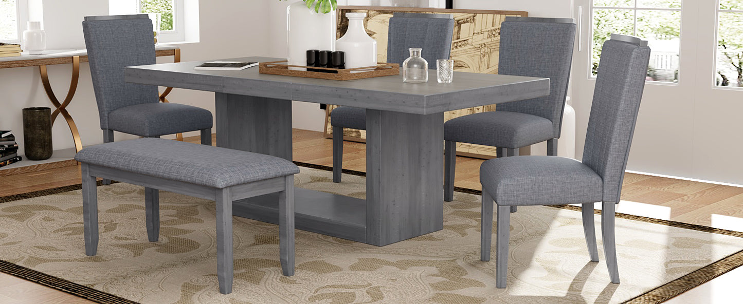 6-piece contemporary extendable dining set with pedestal table and bench, gray