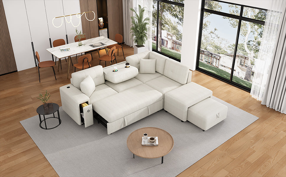 86.6 L-Shaped Sofa Bed with Ottoman, USB Ports & Cup Holders, Beige