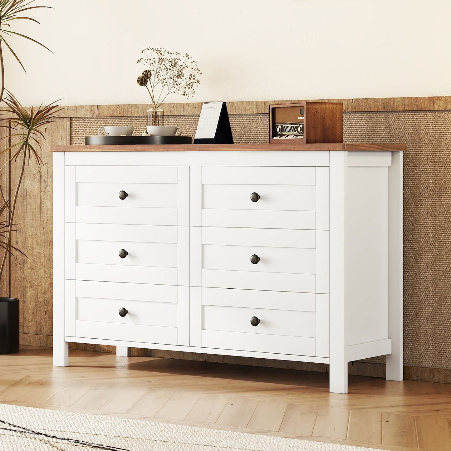 Retro farmhouse dresser with 6 drawers, white and brown