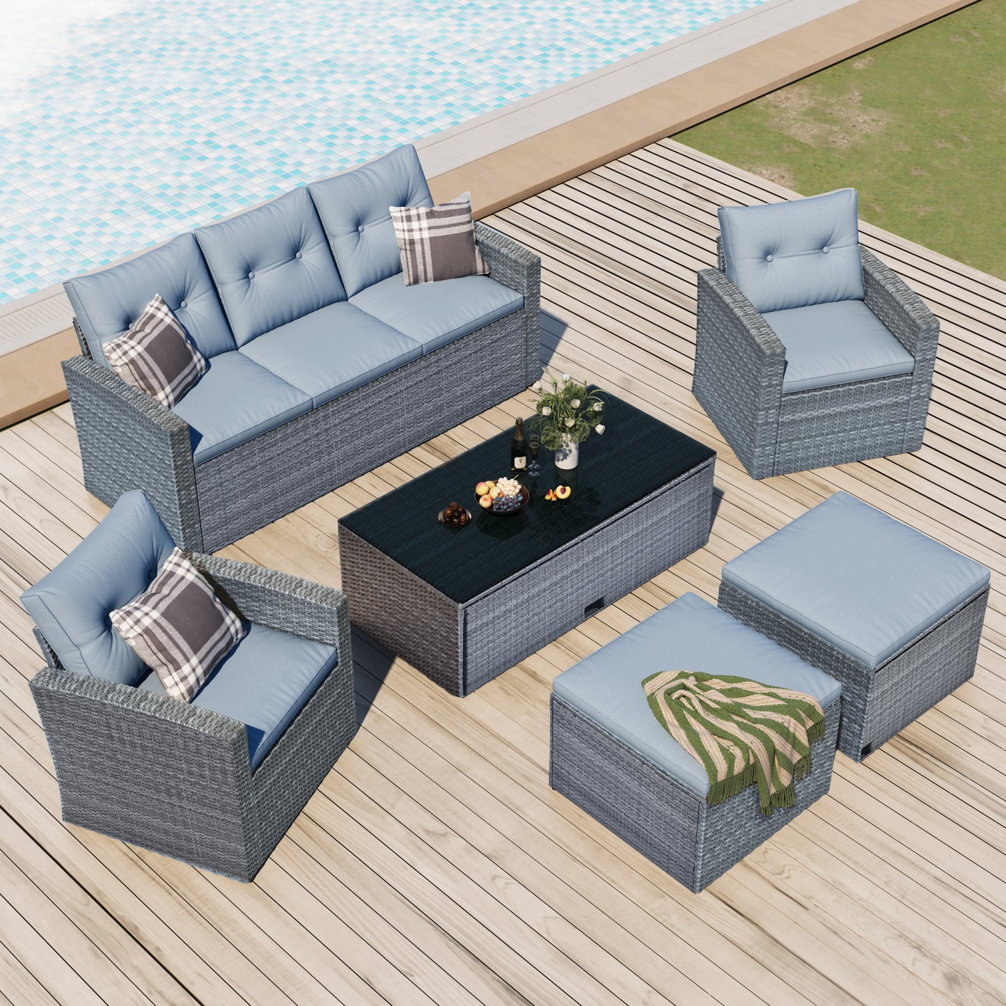 6-piece wicker patio sectional set with coffee table, dark grey wicker, light grey cushions