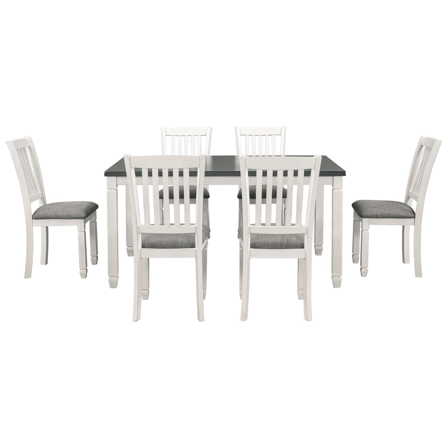 7-piece dining set with upholstered chairs and shaped legs, gray table, white chairs