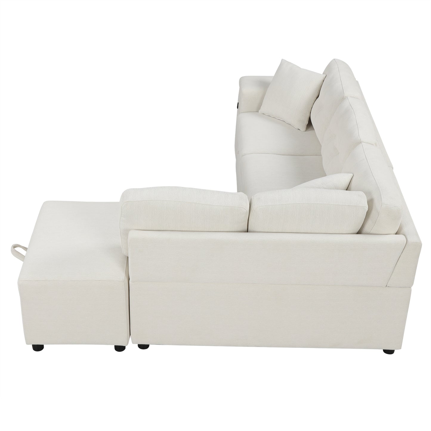 86.6 L-Shaped Sofa Bed with Ottoman, USB Ports & Cup Holders, Beige