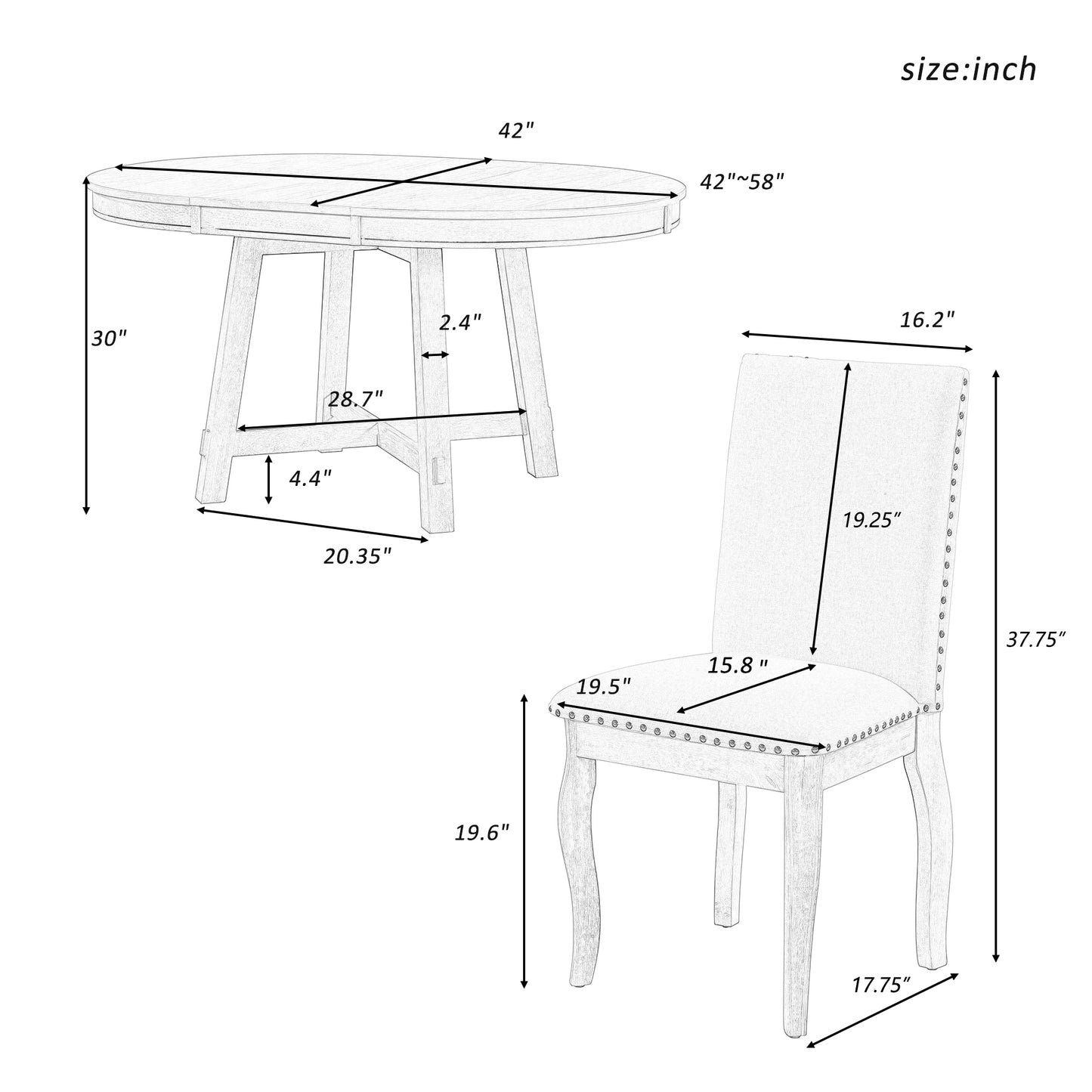 5-piece farmhouse round extendable dining set, natural wood wash, upholstered chairs