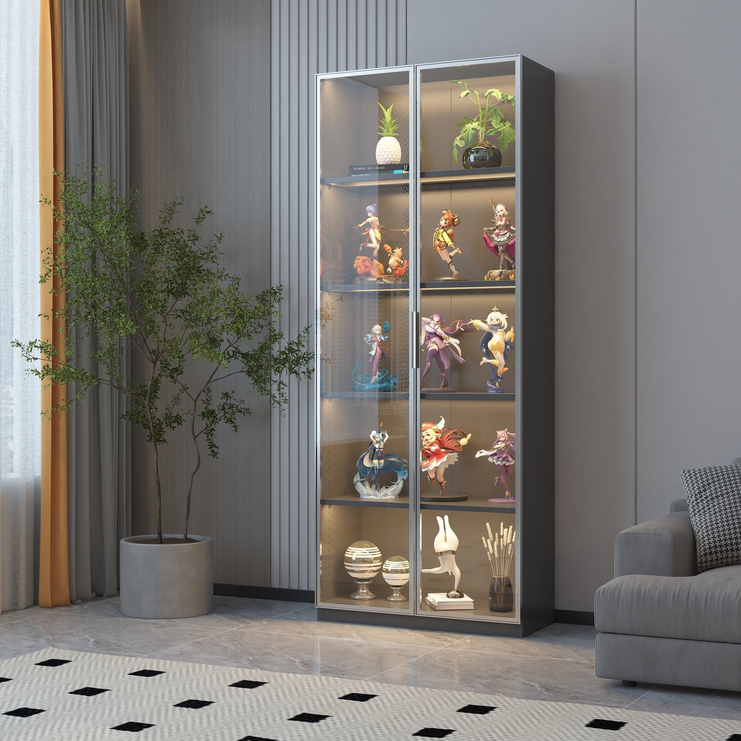 Double-door metal glass display cabinet with LED light