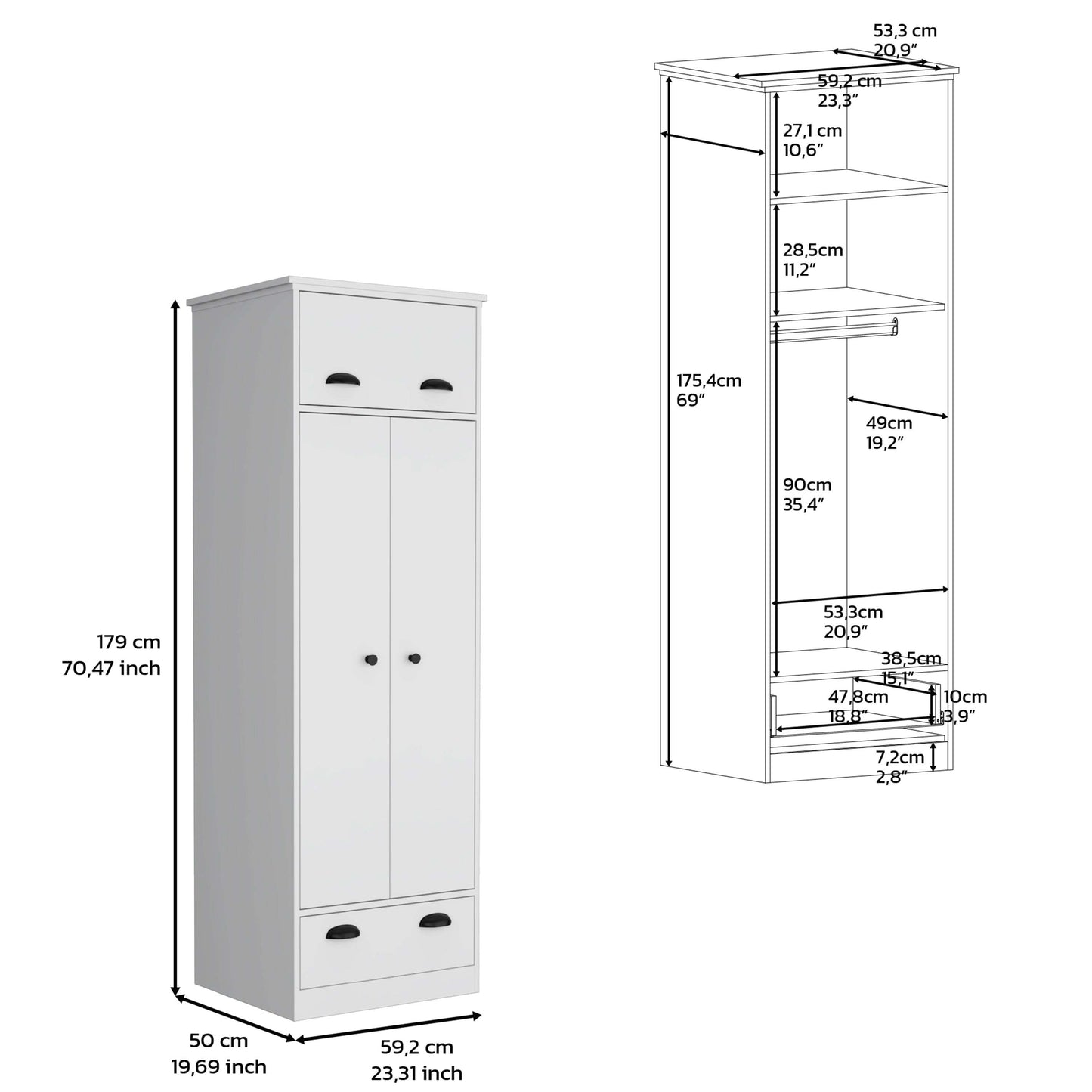 Dresser-closet with 1-door upper storage, shelves, hanging rod, and bottom drawer, white