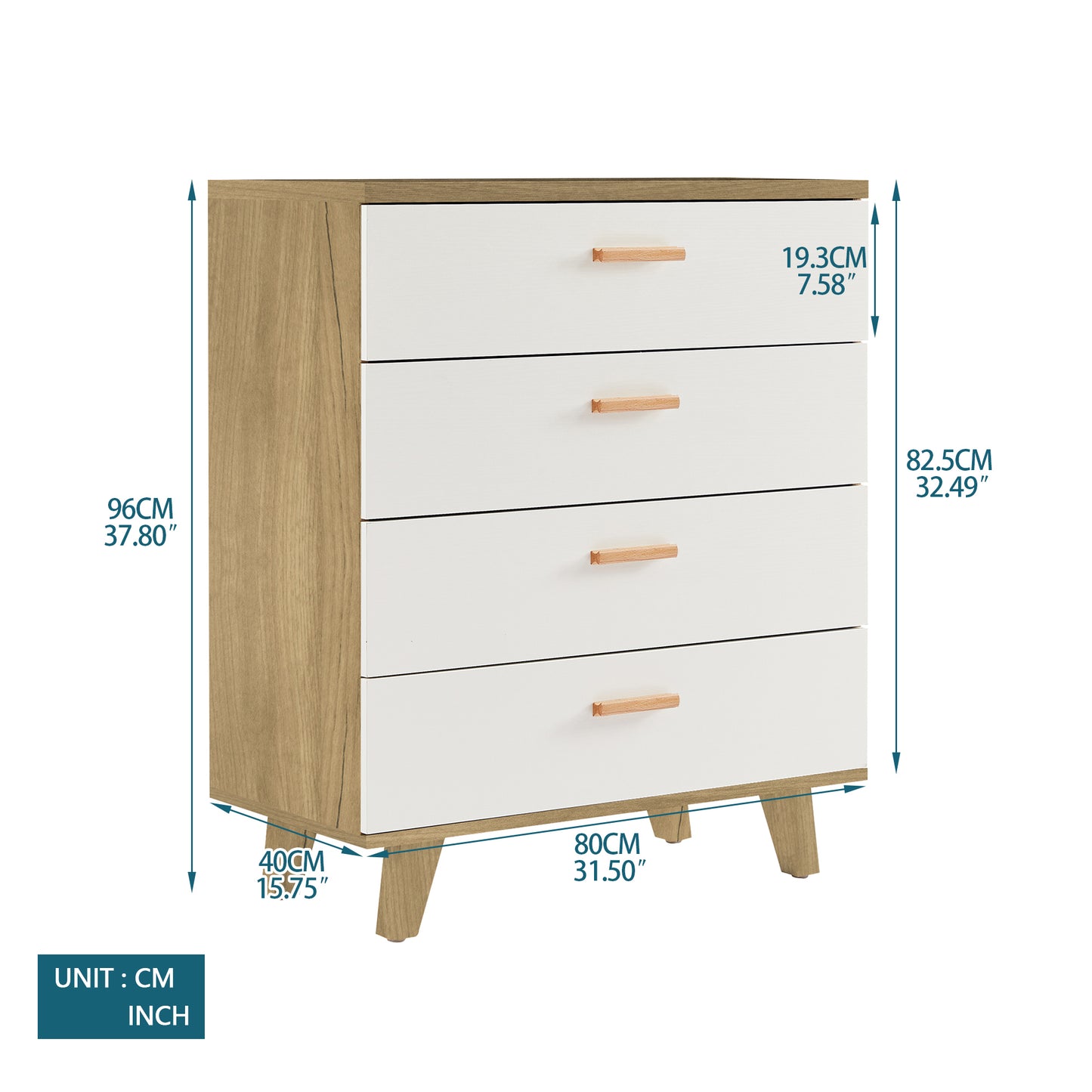 Drawer dresser and sideboard storage cabinet with solid wood handles and legs, brown and white