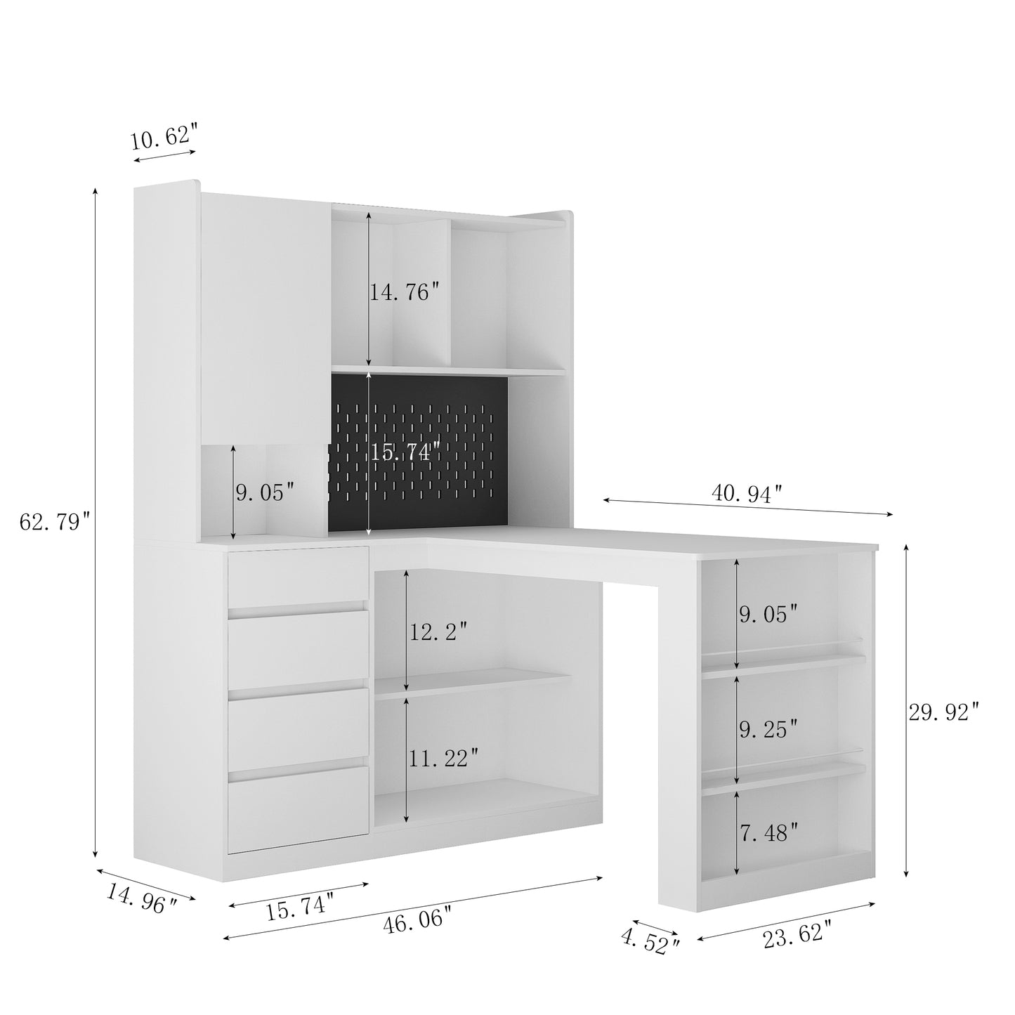 L-Shaped Desk with Drawers, Bookshelf, Hutch, LED, and Storage