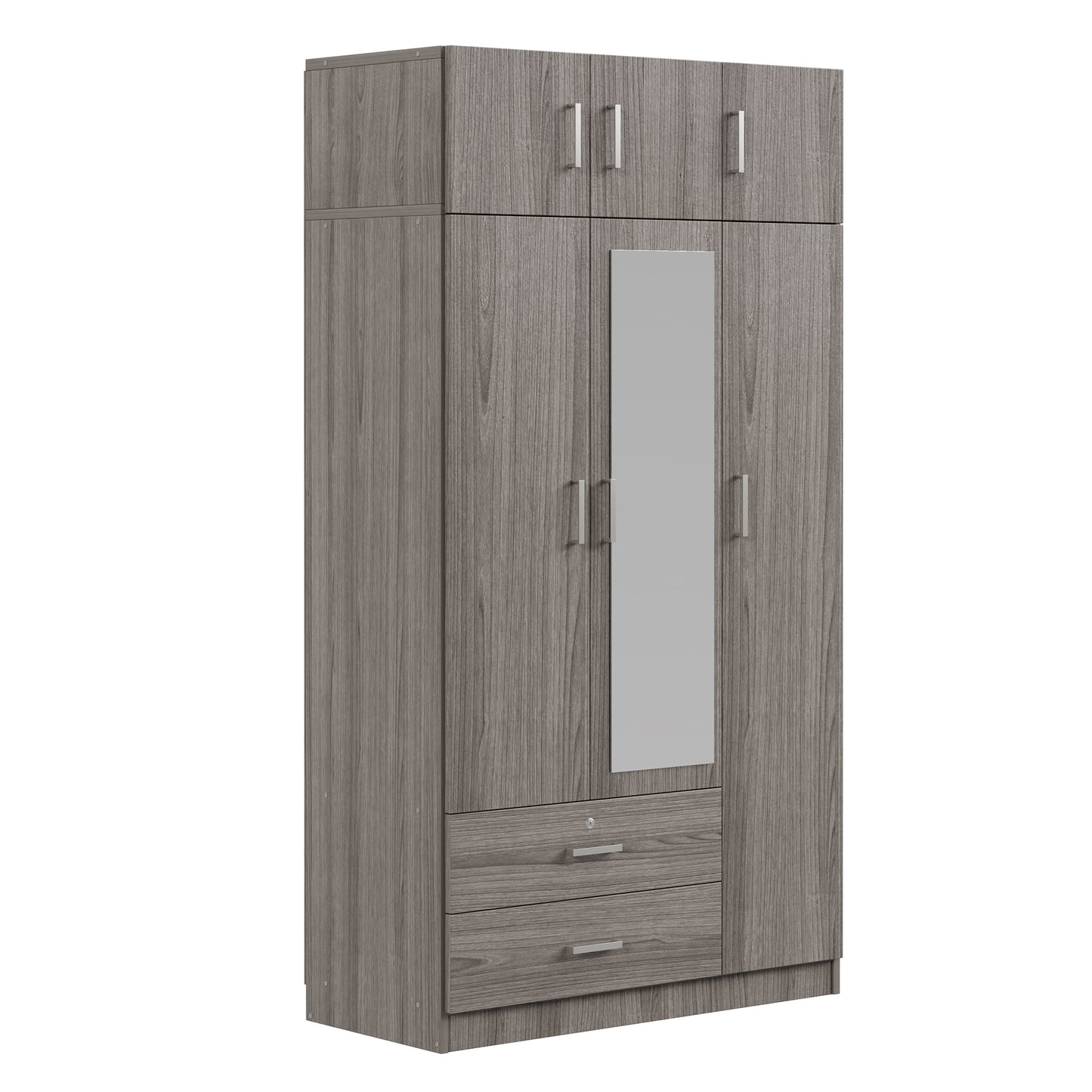 3-door mirror dresser wardrobe with 2 drawers and top cabinet, gray